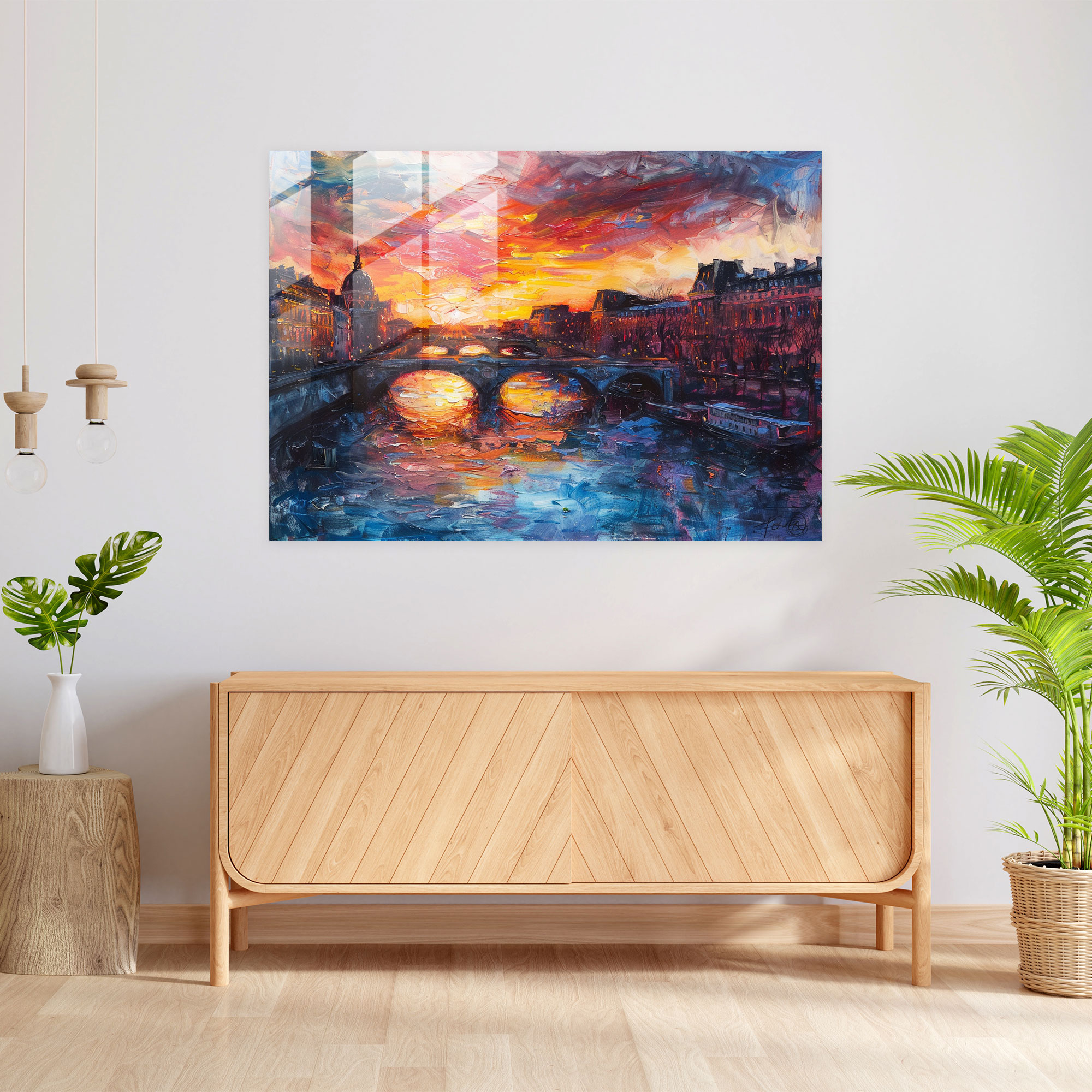 Impressionism Glass Print - Sunset Over The Seine - Impressionism, Sunset, Seine, Glass Print