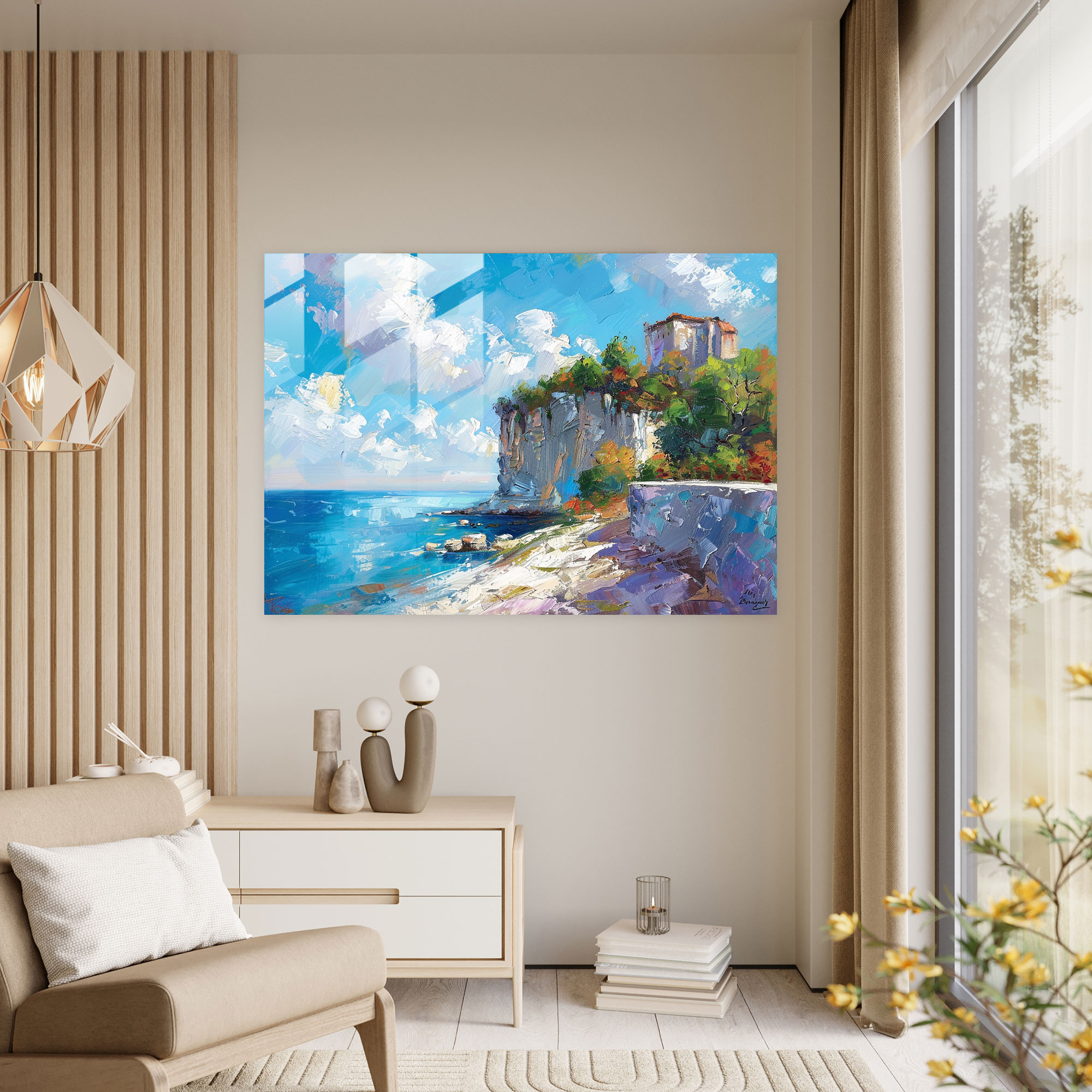Impressionism Glass Print - Seaside Cliff Painting - Impressionism, Glass Print, Cliff Painting, Seaside
