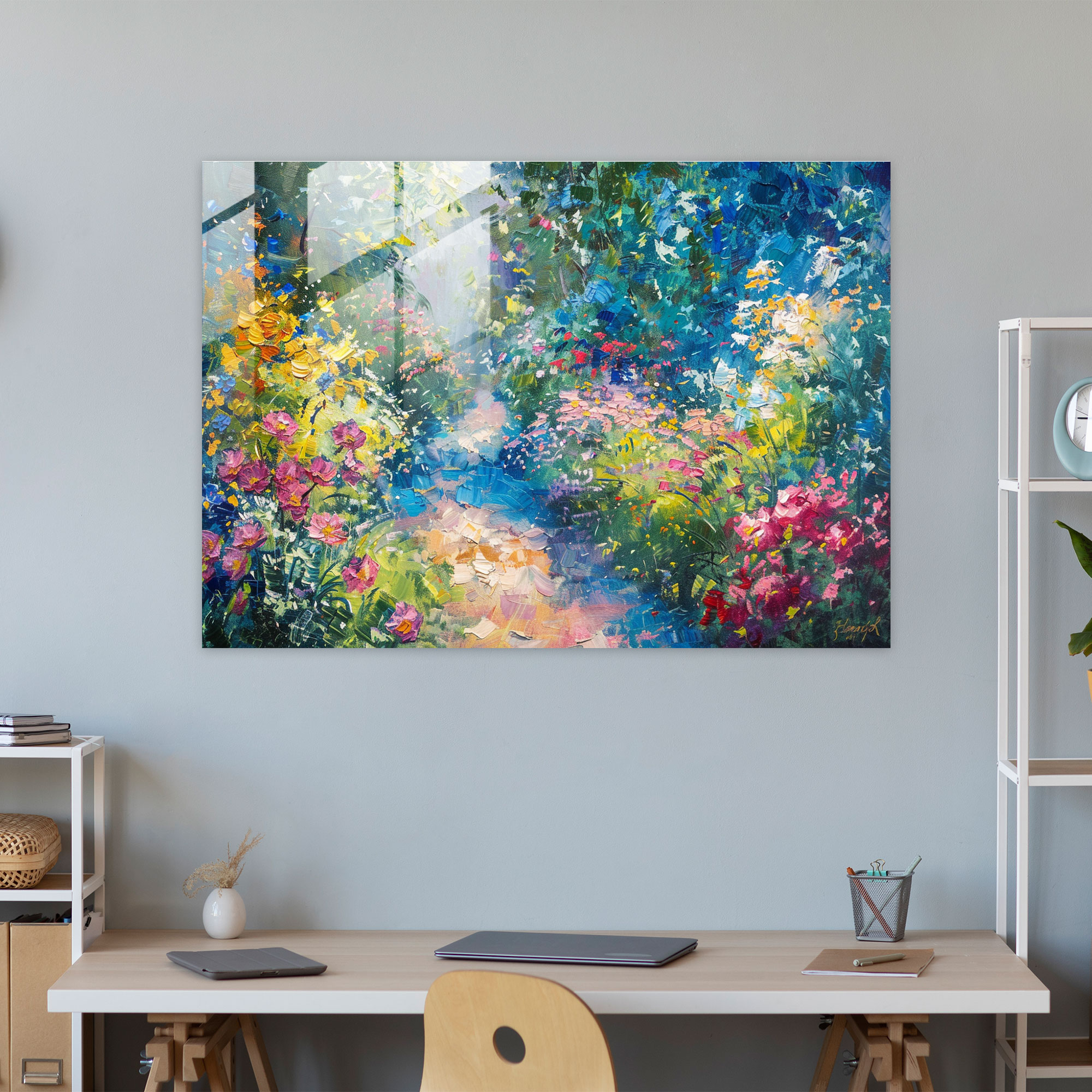 Impressionism Glass Print - Garden Path With Flowers - Impressionism, Garden Path, Impressionism, Home Decoration