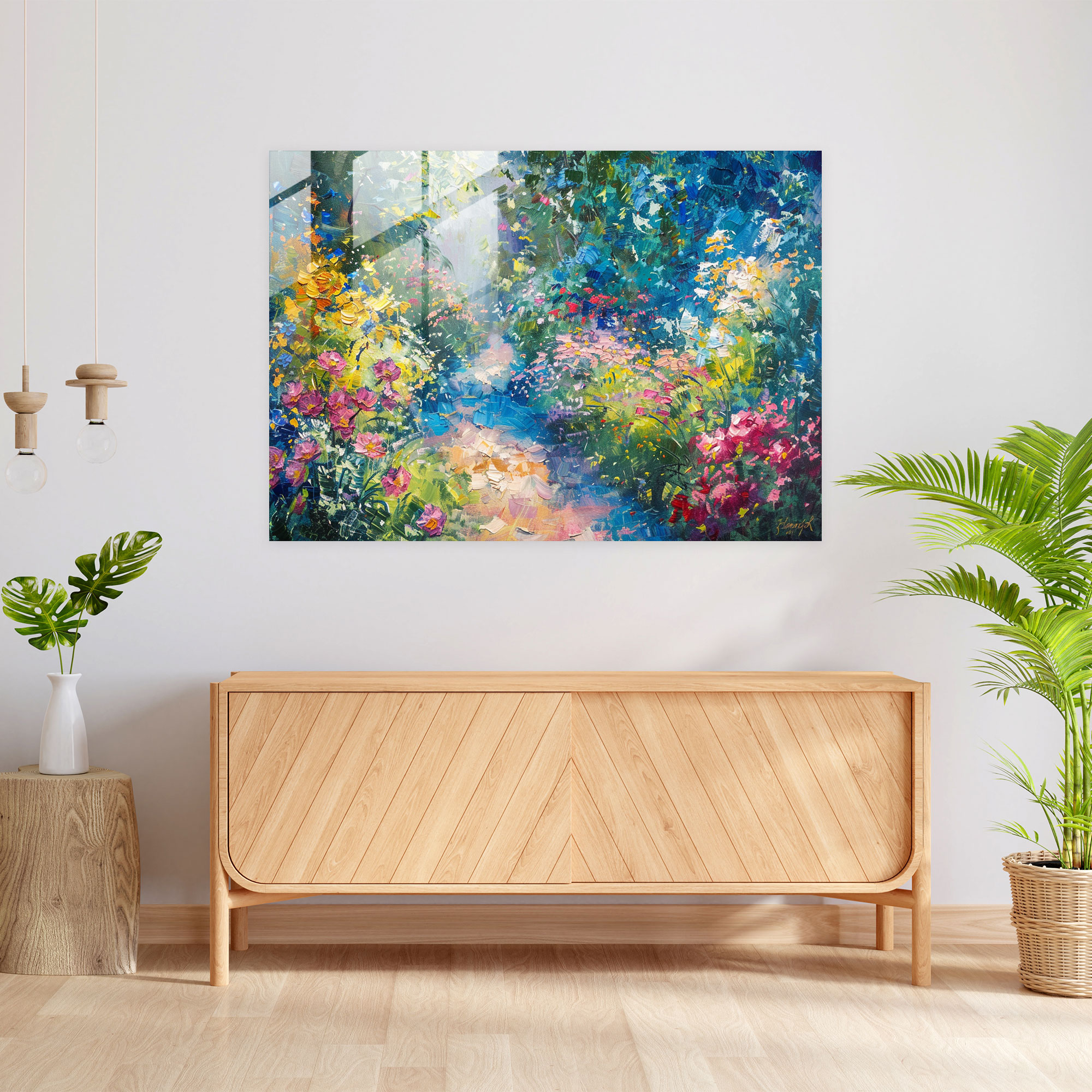 Impressionism Glass Print - Garden Path With Flowers - Impressionism, Garden Path, Impressionism, Home Decoration