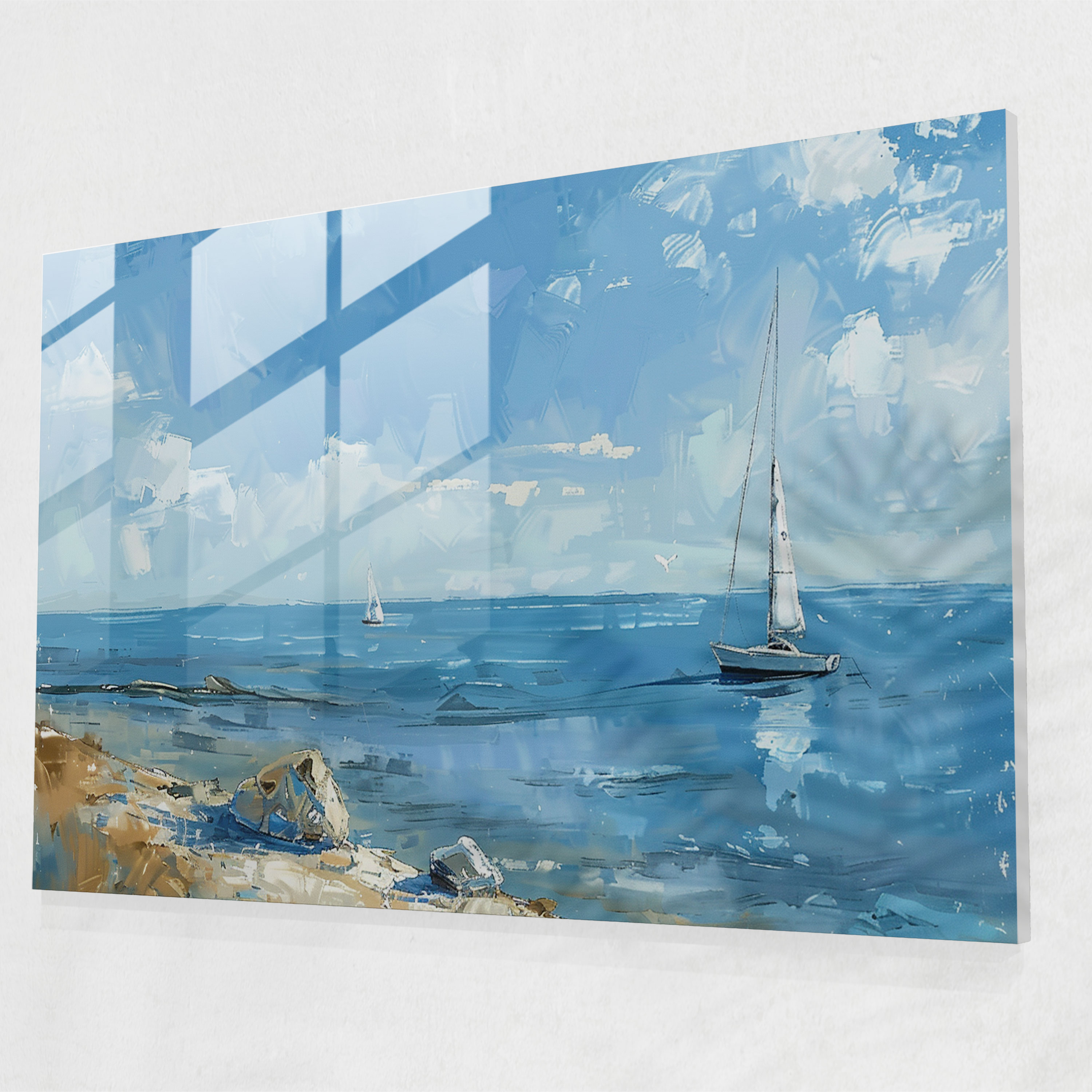 Impressionism Glass Print: Serene Seascape With Sailboats - Impressionism, Glass Art, Home Decoration, Impressionism