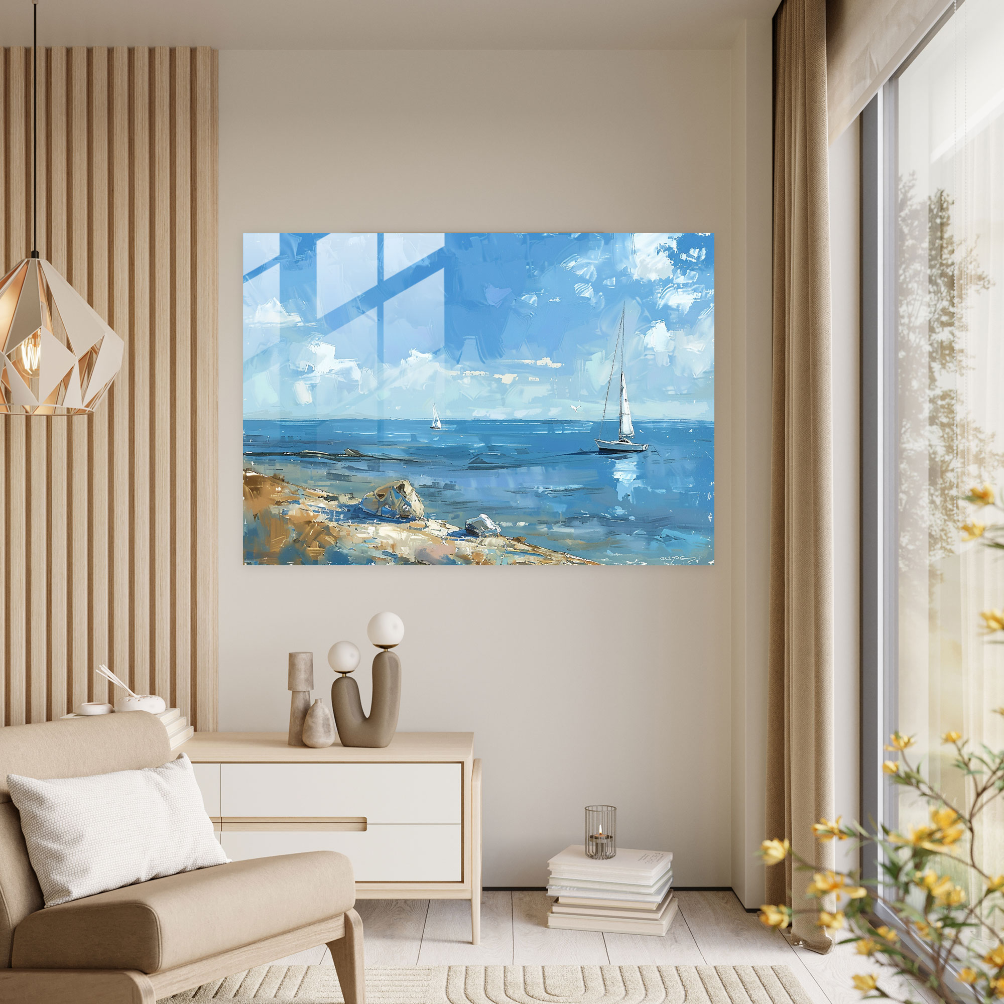Impressionism Glass Print: Serene Seascape With Sailboats - Impressionism, Glass Art, Home Decoration, Impressionism