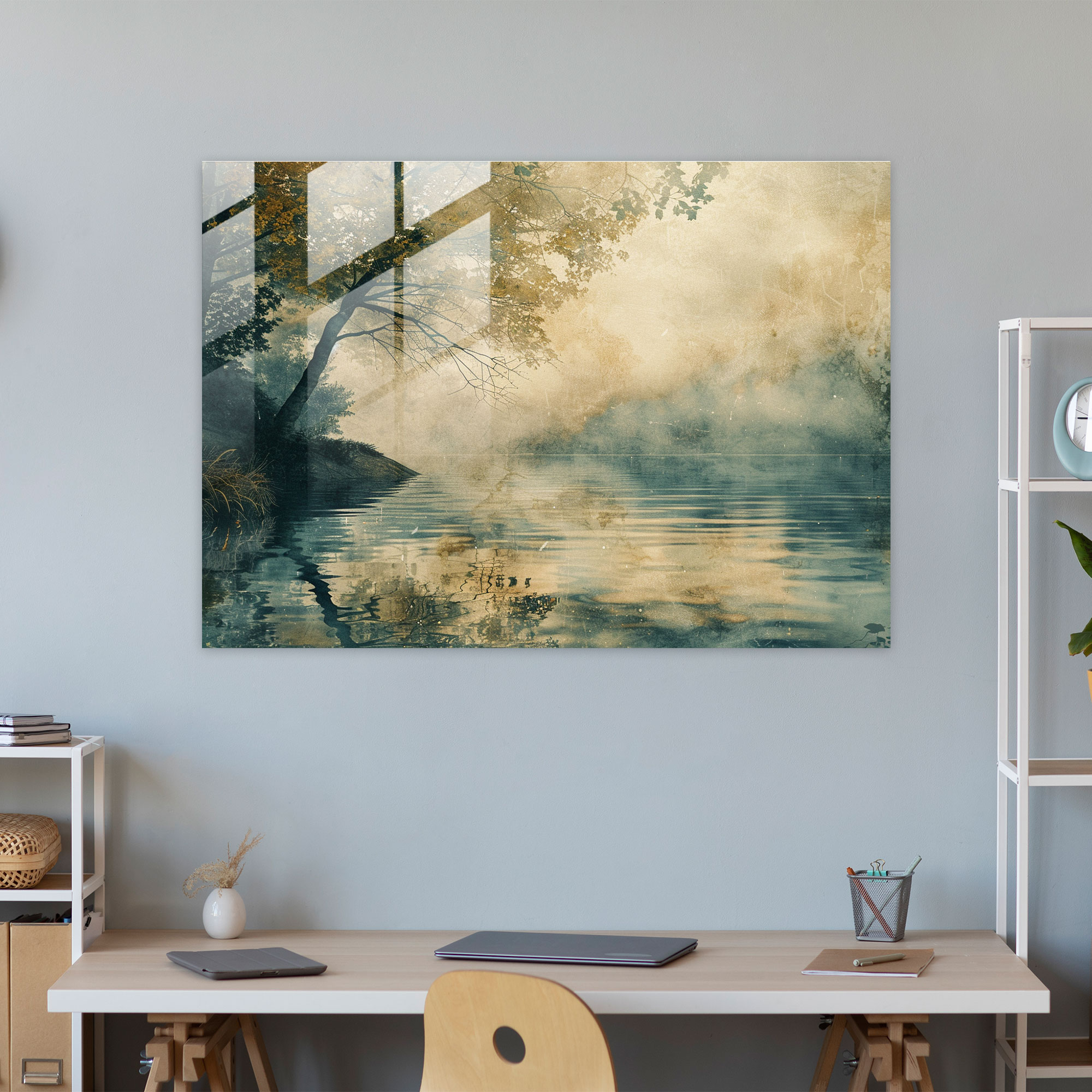 Impressionism Glass Print: Enchanting Lakeside Scene - Impressionism, Glass Print, Glass Wall Art, Home Decoration