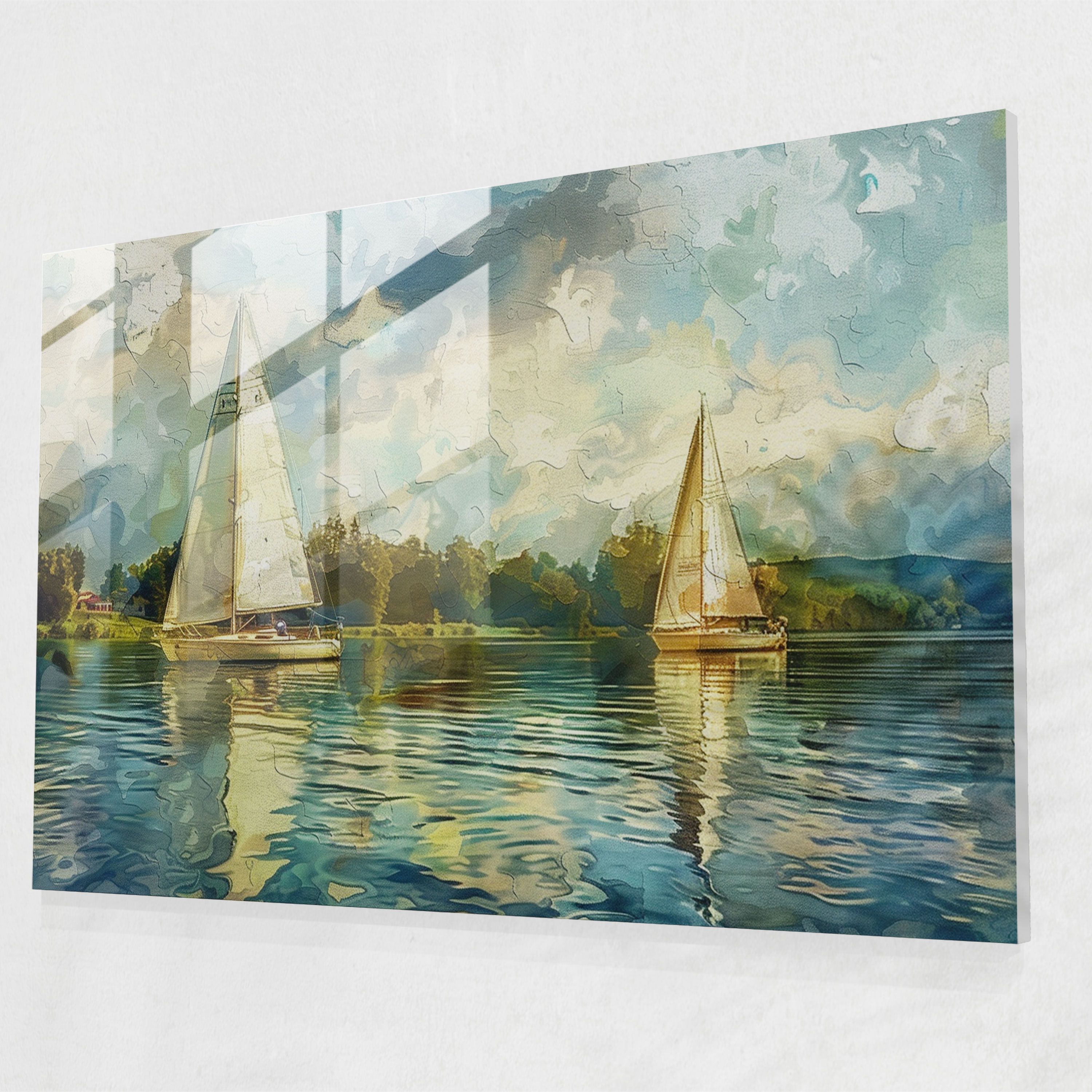 Impressionism Sailboats On Serene Lake Glass Wall Art - Impressionism, Home Decoration, Glass Wall Art, Impressionism