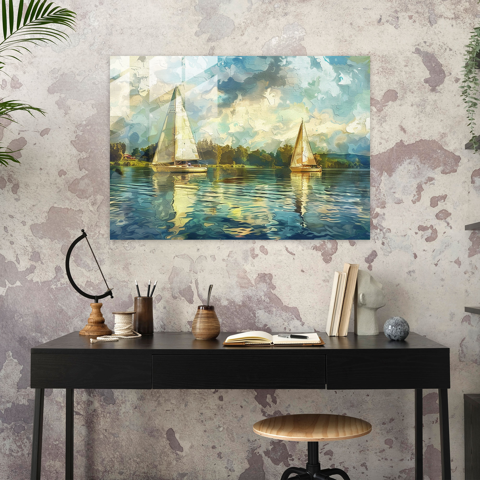 Impressionism Sailboats On Serene Lake Glass Wall Art - Impressionism, Home Decoration, Glass Wall Art, Impressionism