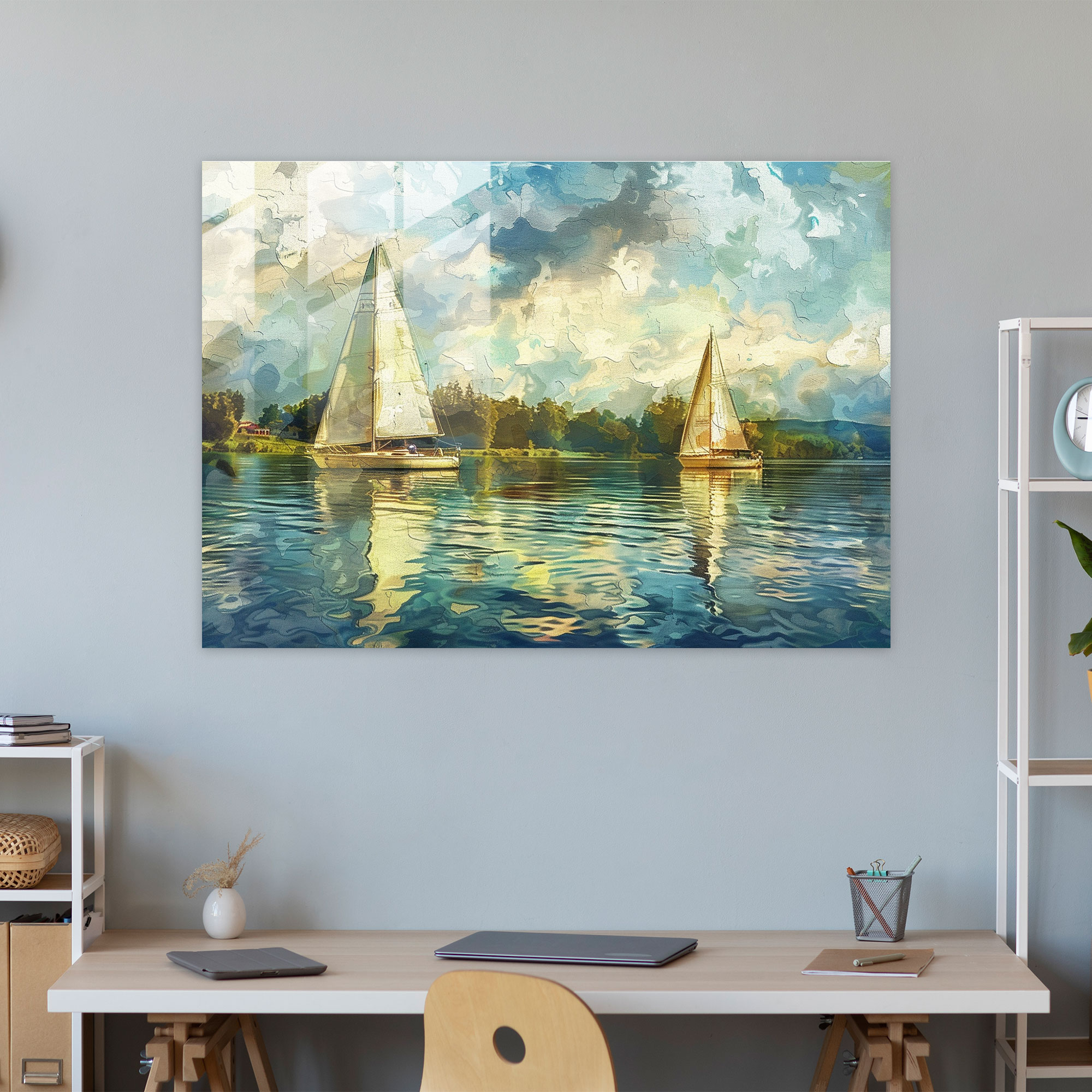 Impressionism Sailboats On Serene Lake Glass Wall Art - Impressionism, Home Decoration, Glass Wall Art, Impressionism