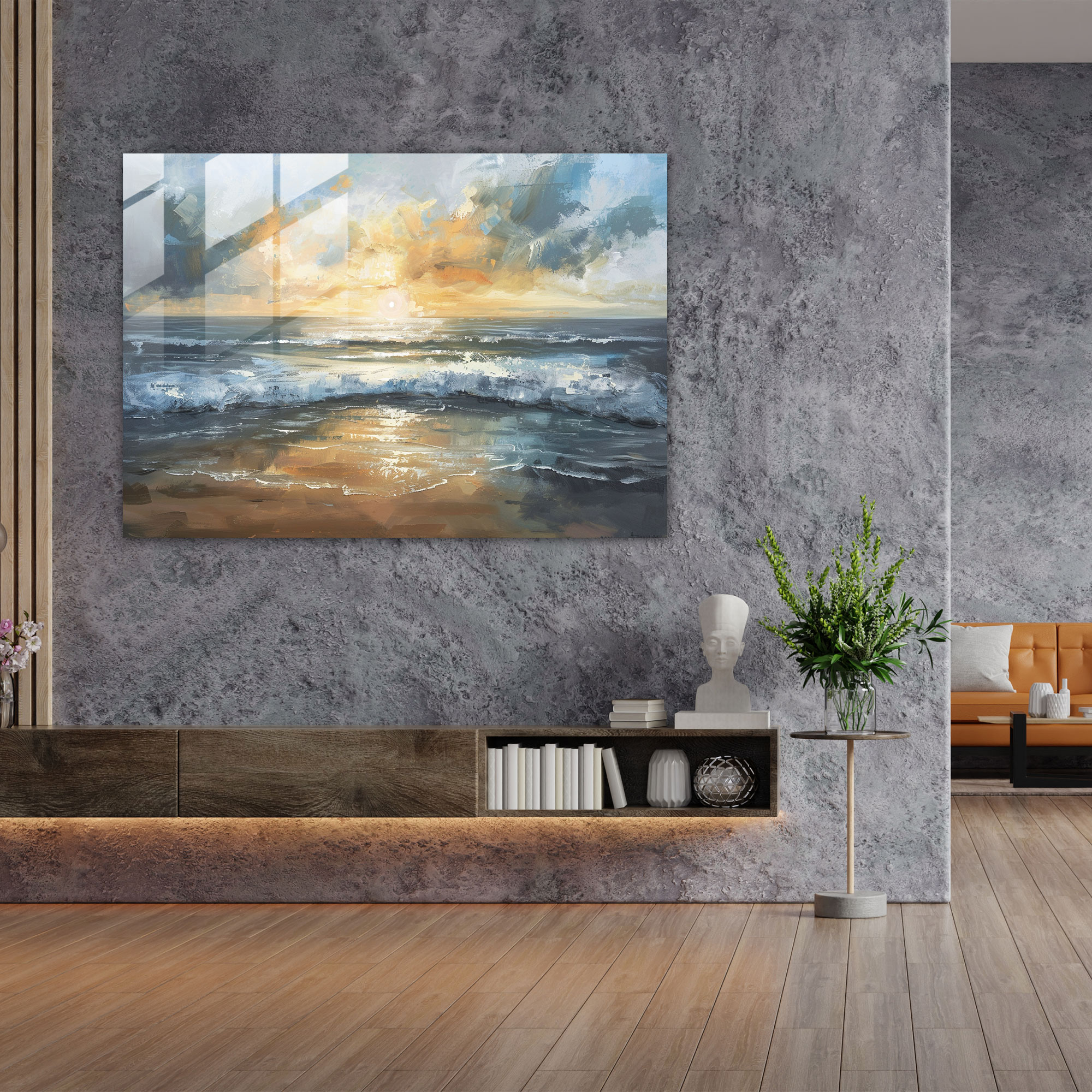 Impressionism Sun Setting Over Tranquil Beach Home Decoration - Impressionism, Wall Decoration, Home Decoration, Impressionism