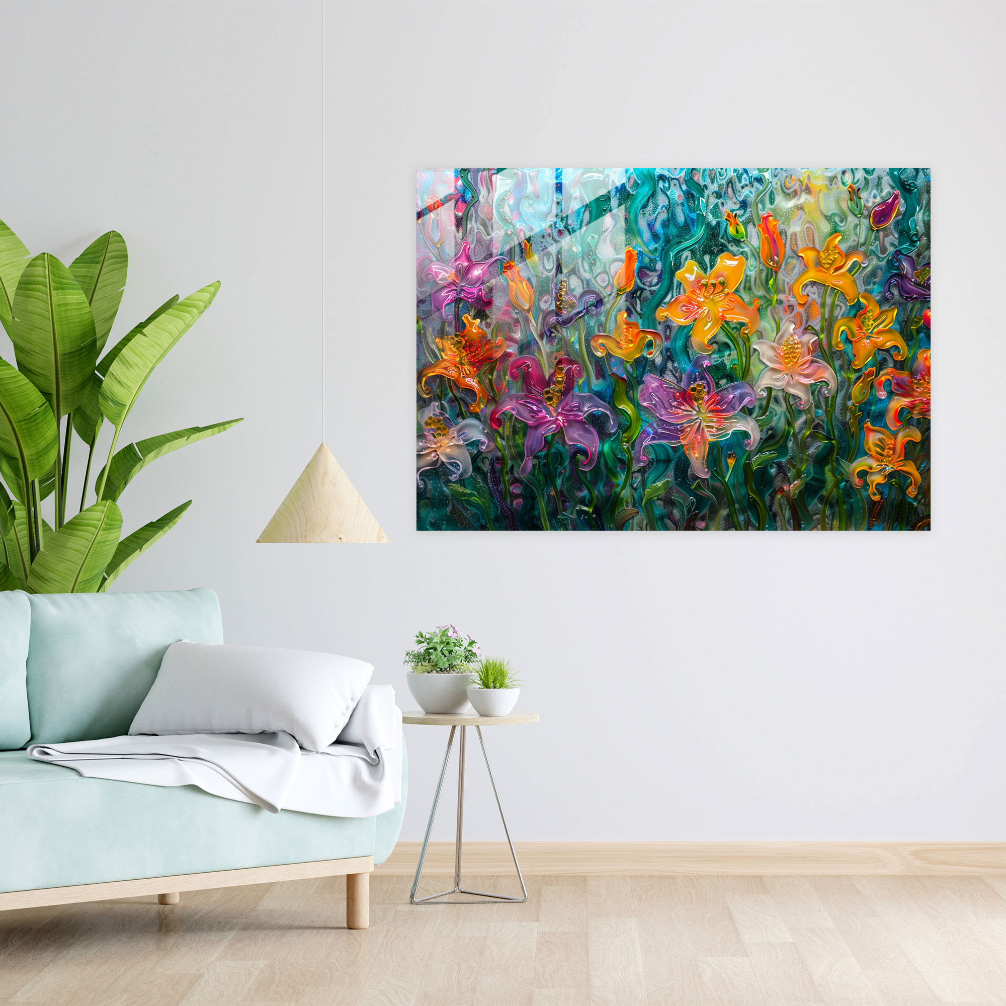 Impressionism Garden Filled With Blooming Lilies Glass Art - Impressionism, Home Decoration, Glass Art, Modern Art