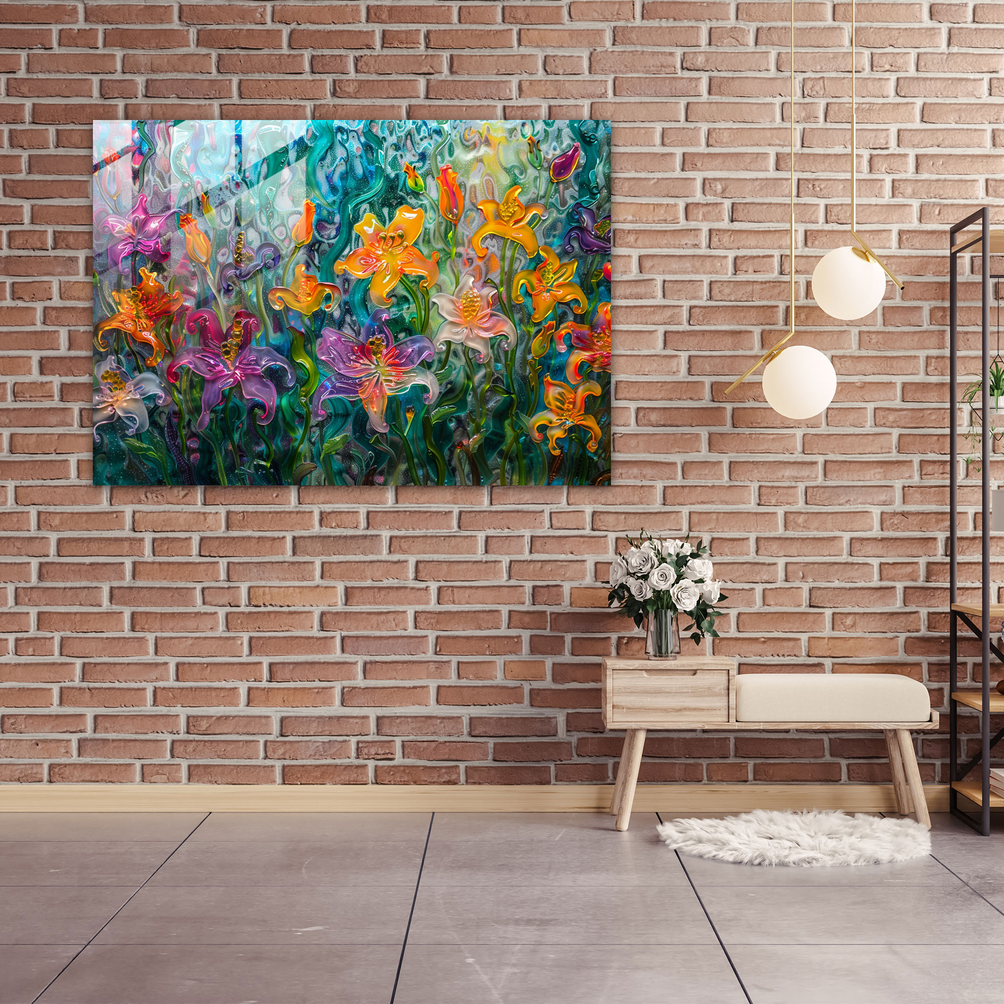 Impressionism Garden Filled With Blooming Lilies Glass Art - Impressionism, Home Decoration, Glass Art, Modern Art