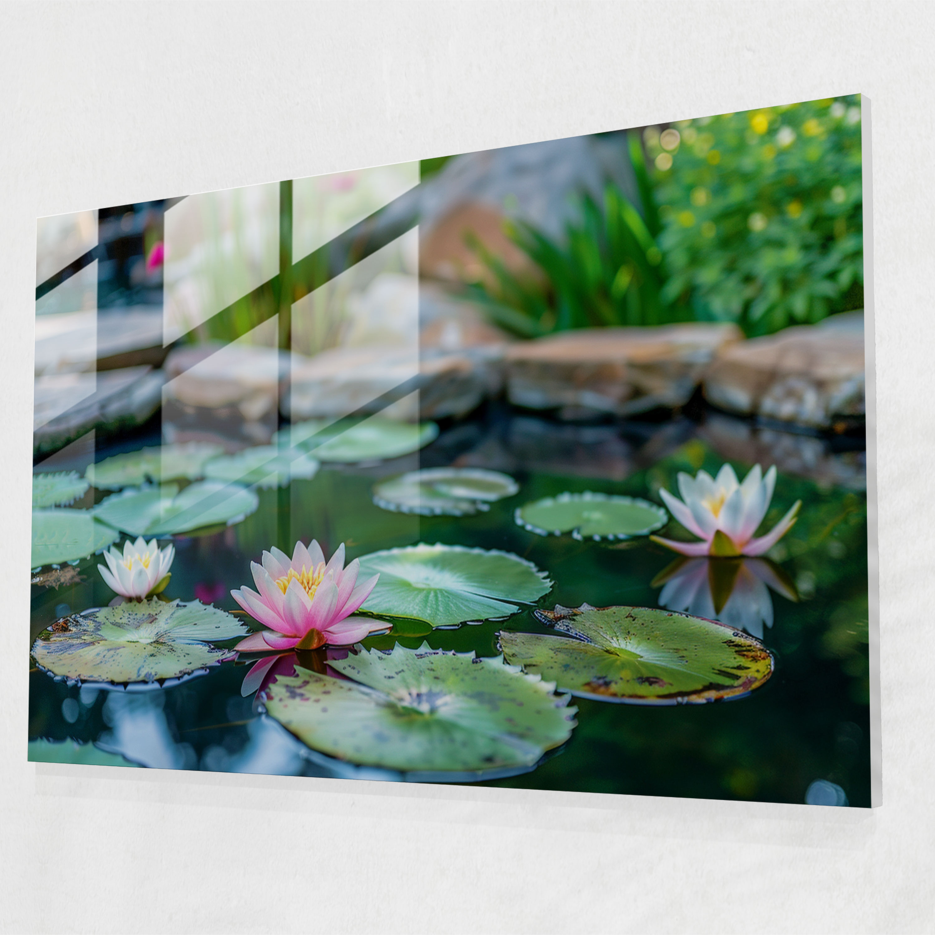 Impressionism Water Lilies Floating On Tranquil Pond Glass Wall Art - Impressionism, Glass Art, Glass Wall Art, Home Decoration