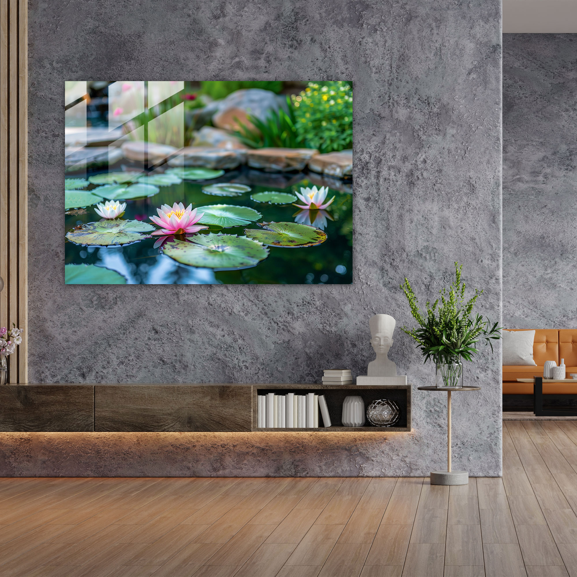 Impressionism Water Lilies Floating On Tranquil Pond Glass Wall Art - Impressionism, Glass Art, Glass Wall Art, Home Decoration
