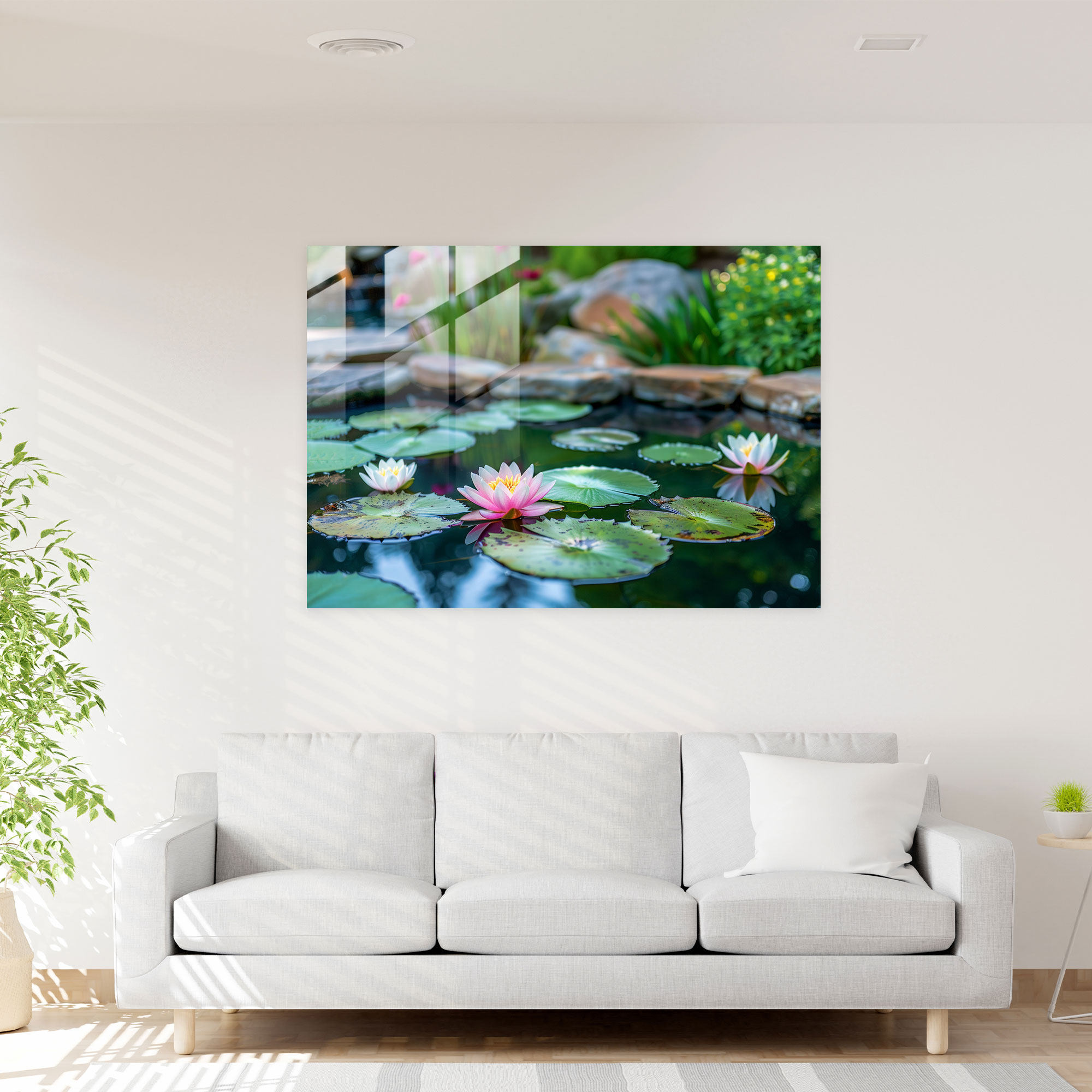 Impressionism Water Lilies Floating On Tranquil Pond Glass Wall Art - Impressionism, Glass Art, Glass Wall Art, Home Decoration