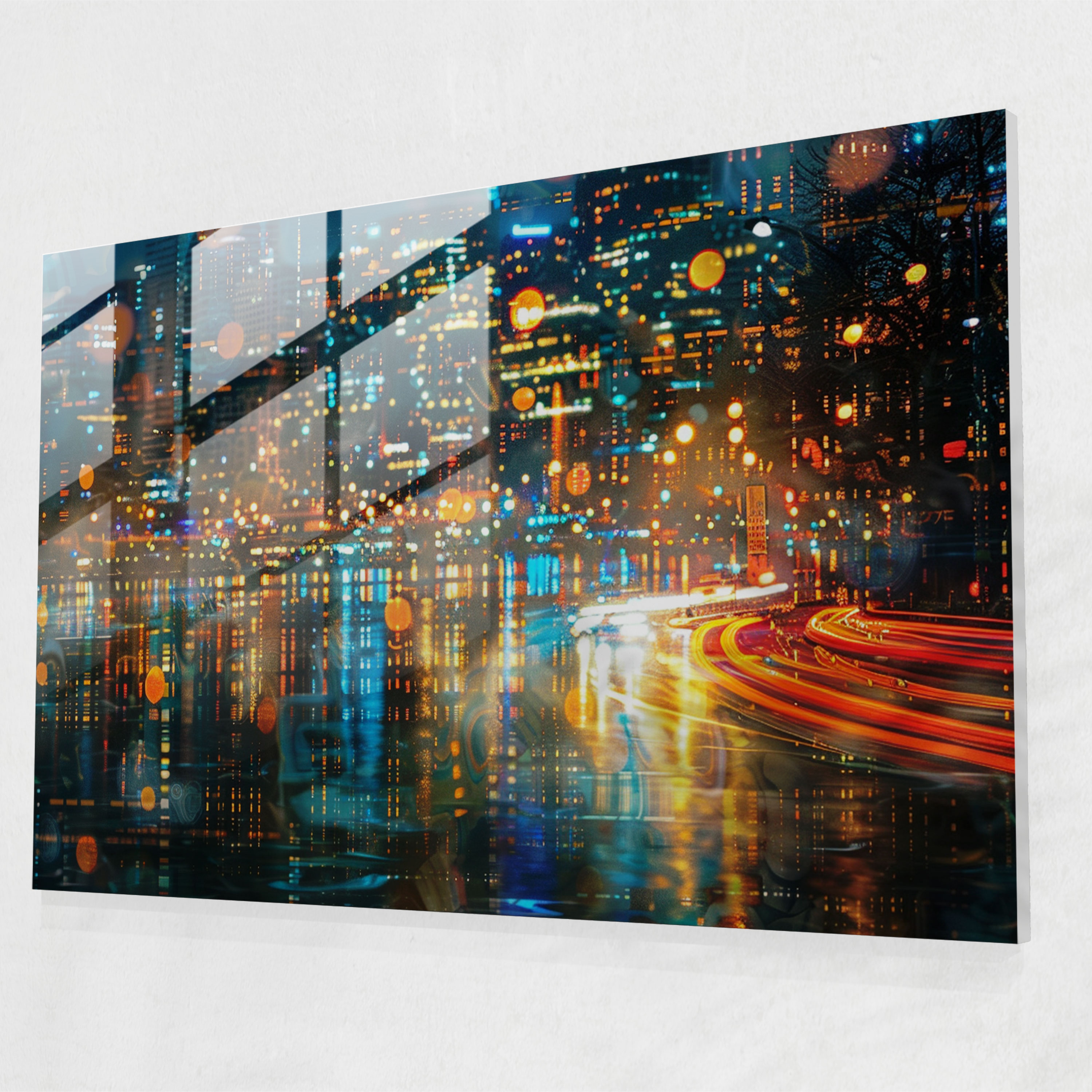 Impressionism Cityscape At Night With Blurred Lights Home Decoration - Impressionism, Glass Art, Wall Decoration, Modern Art