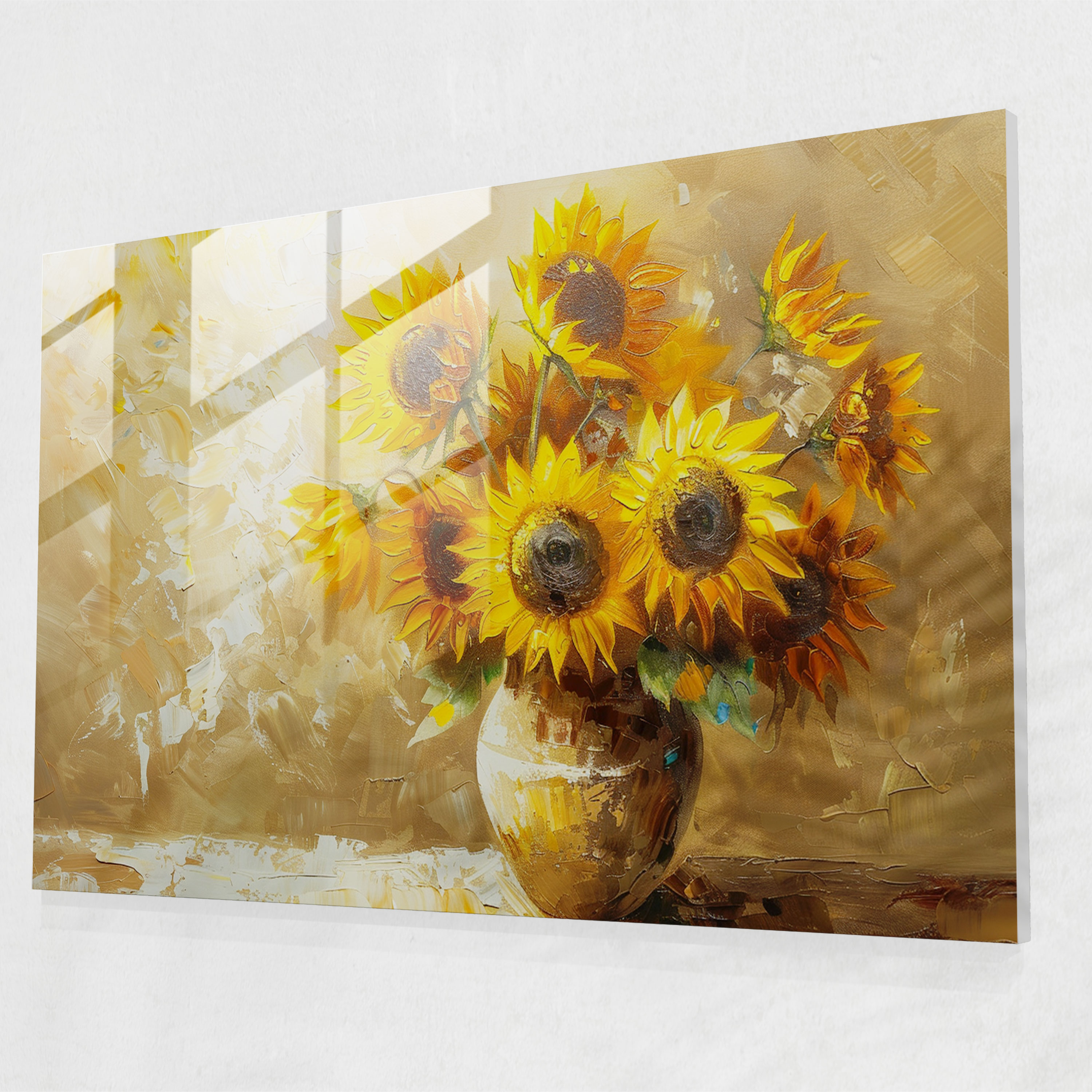 Impressionism Bright Sunflowers In Rustic Vase Glass Art - Impressionism, Home Decoration, Glass Art, Impressionism