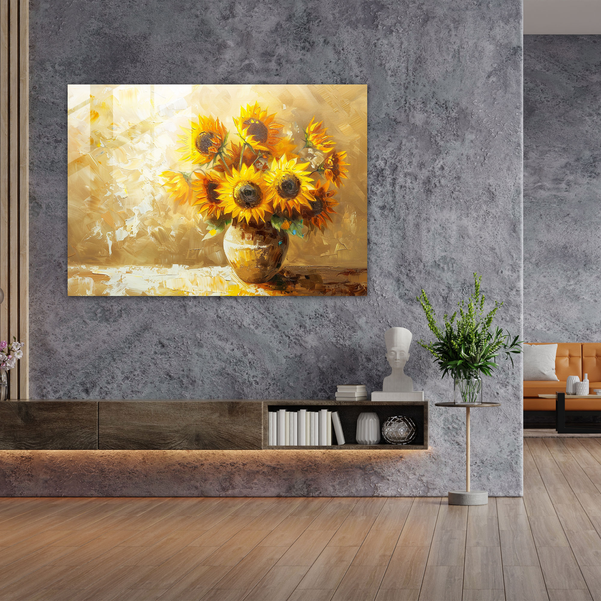 Impressionism Bright Sunflowers In Rustic Vase Glass Art - Impressionism, Home Decoration, Glass Art, Impressionism