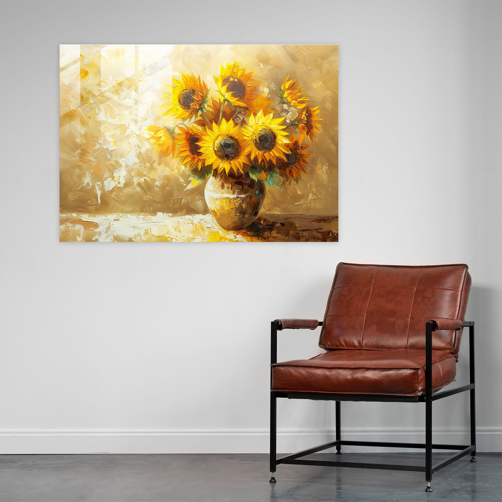 Impressionism Bright Sunflowers In Rustic Vase Glass Art - Impressionism, Home Decoration, Glass Art, Impressionism