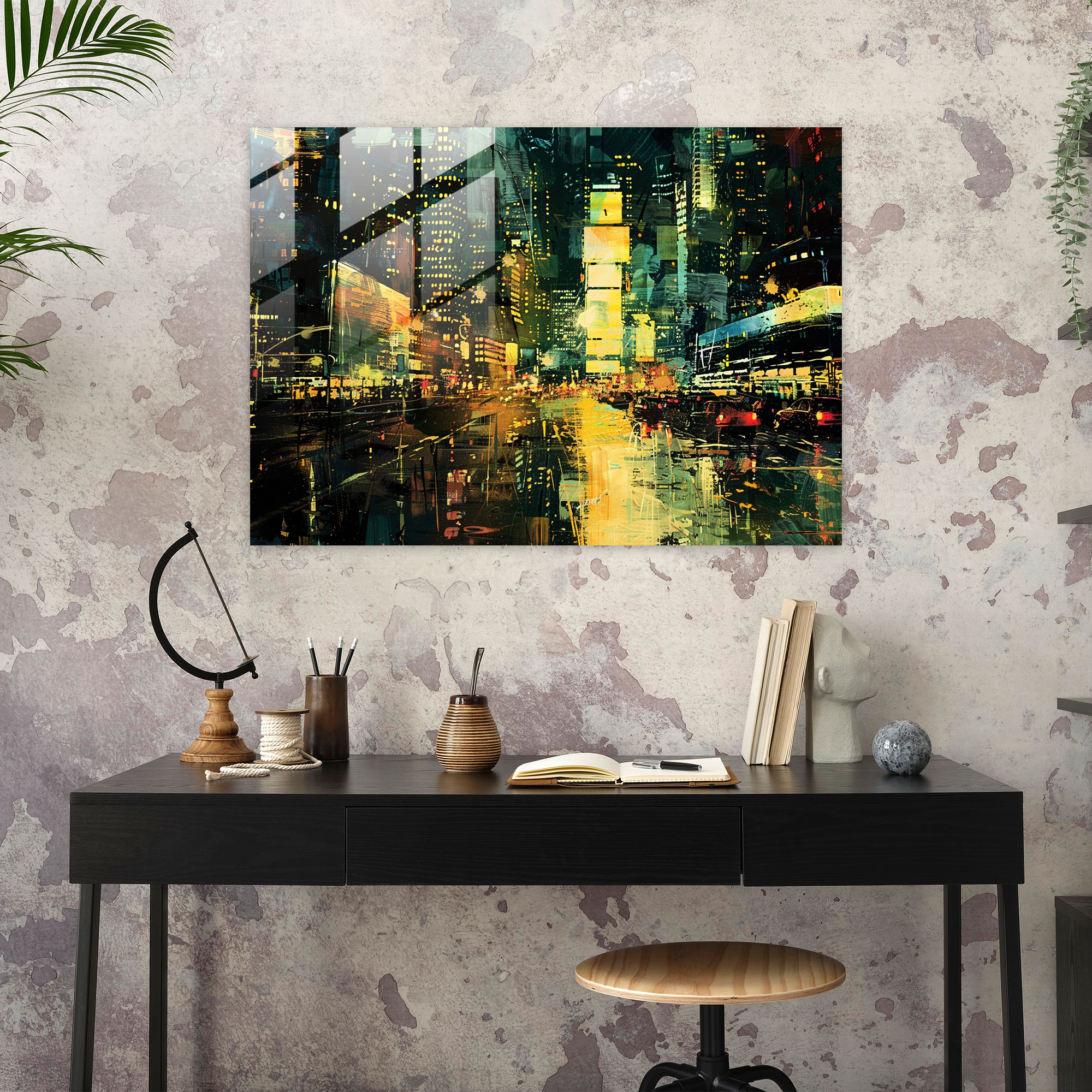 Impressionism Cityscape Glass Print - Impressionism, Modern Art, Metropolis, Night