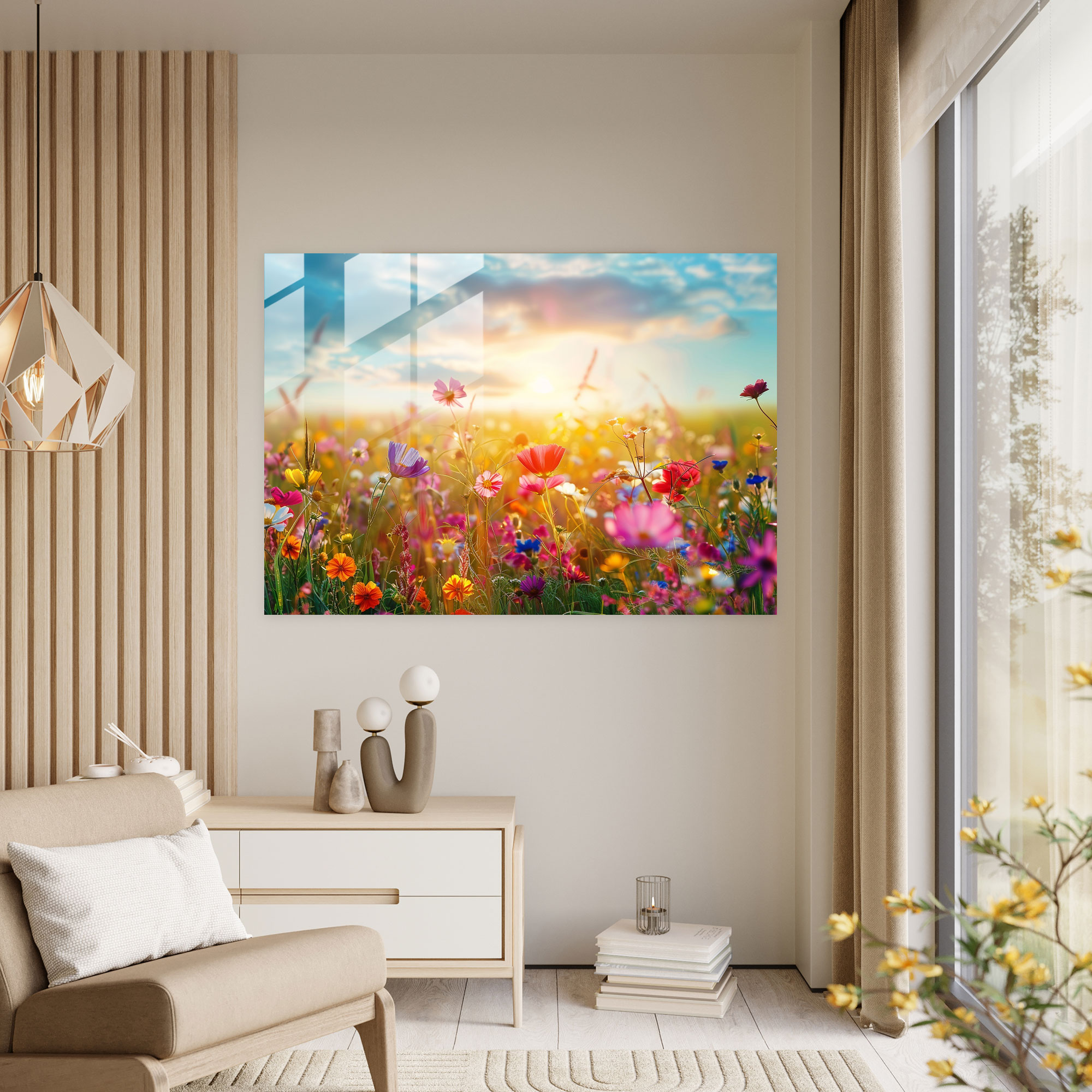 Impressionism Glass Print - Colorful Flowers Field - Impressionism, Wall Decoration, Home Decoration, Glass Print