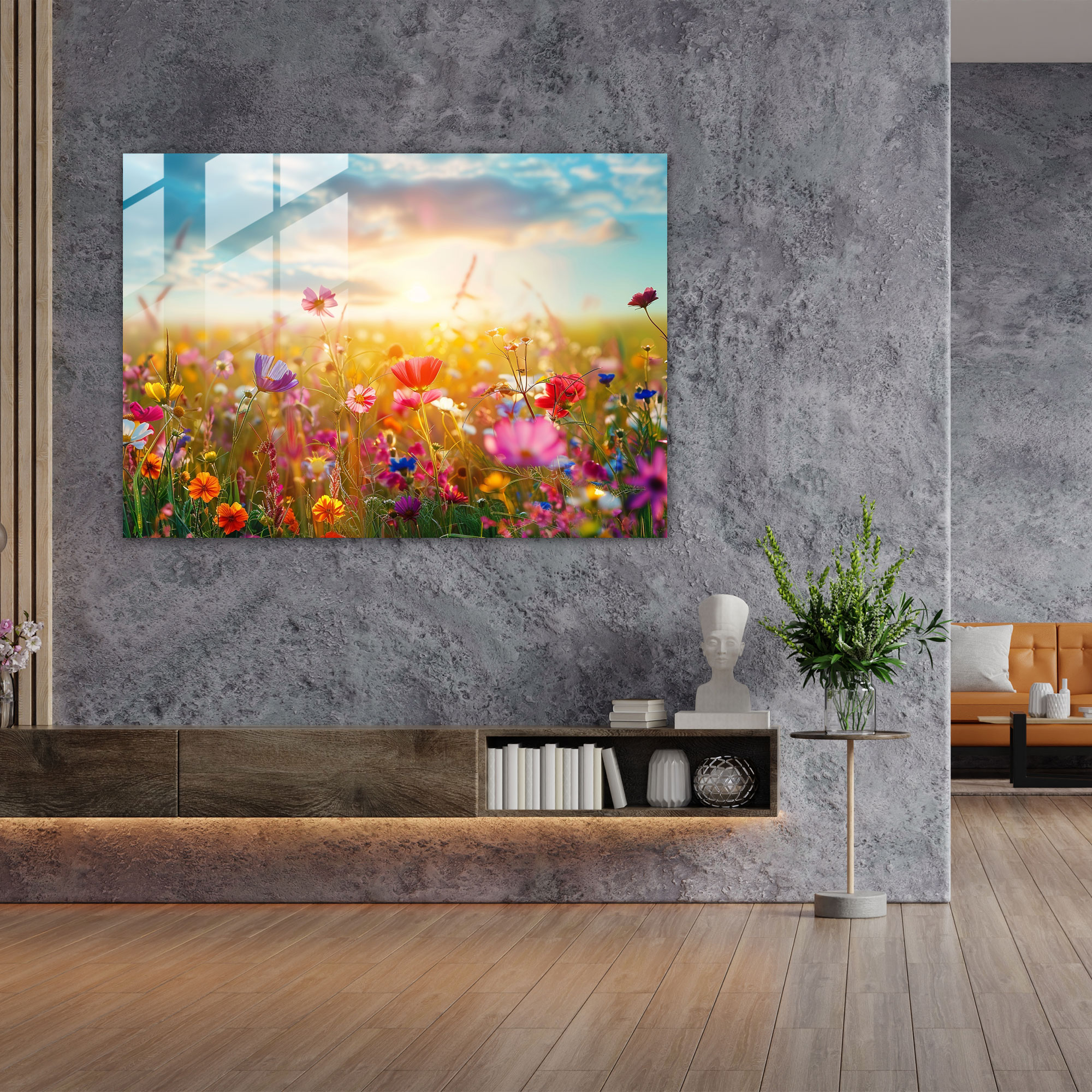 Impressionism Glass Print - Colorful Flowers Field - Impressionism, Wall Decoration, Home Decoration, Glass Print