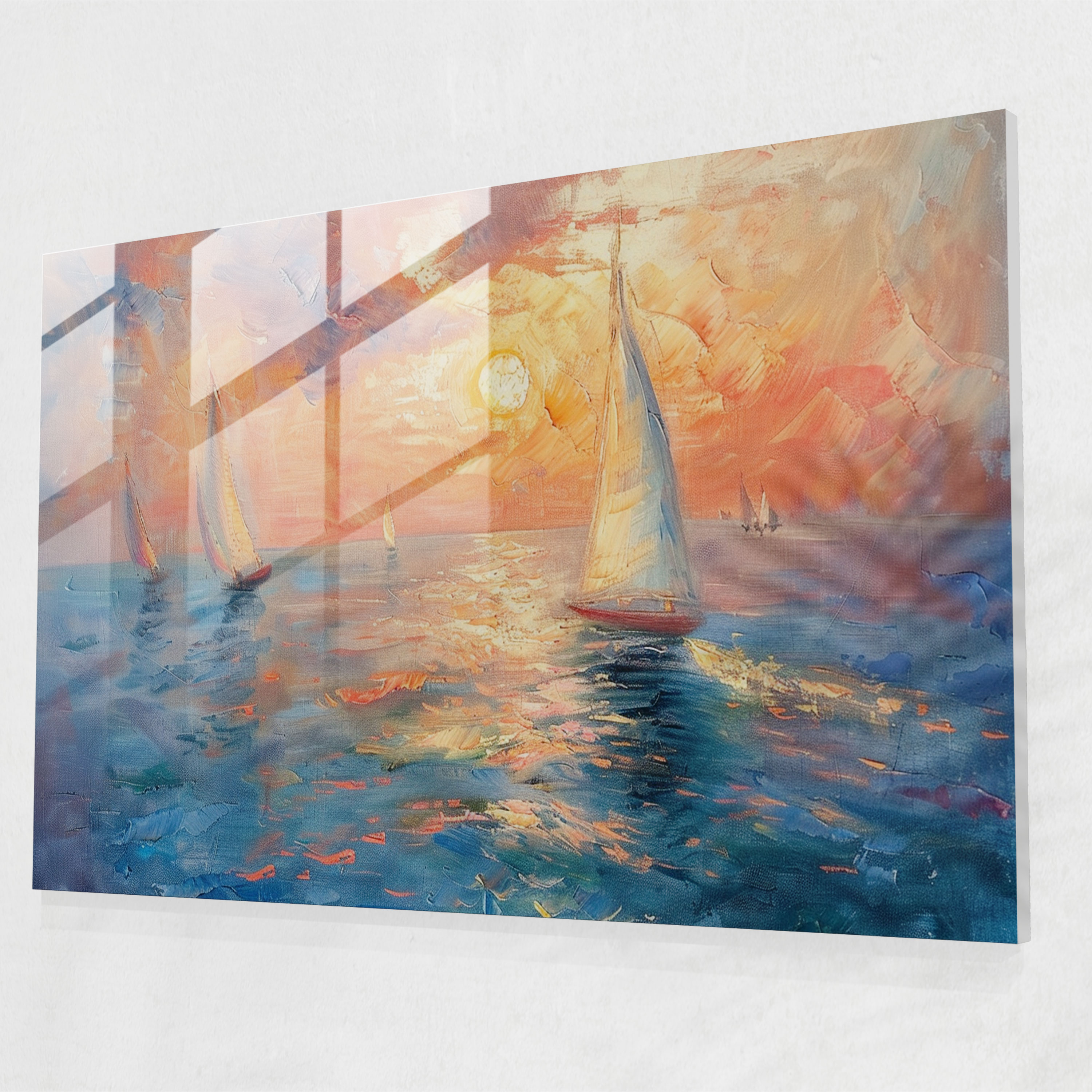 Impressionism Modern Art - Sunset Seascape Sailboats - Impressionism, Impressionism, Modern Art, Glass Print