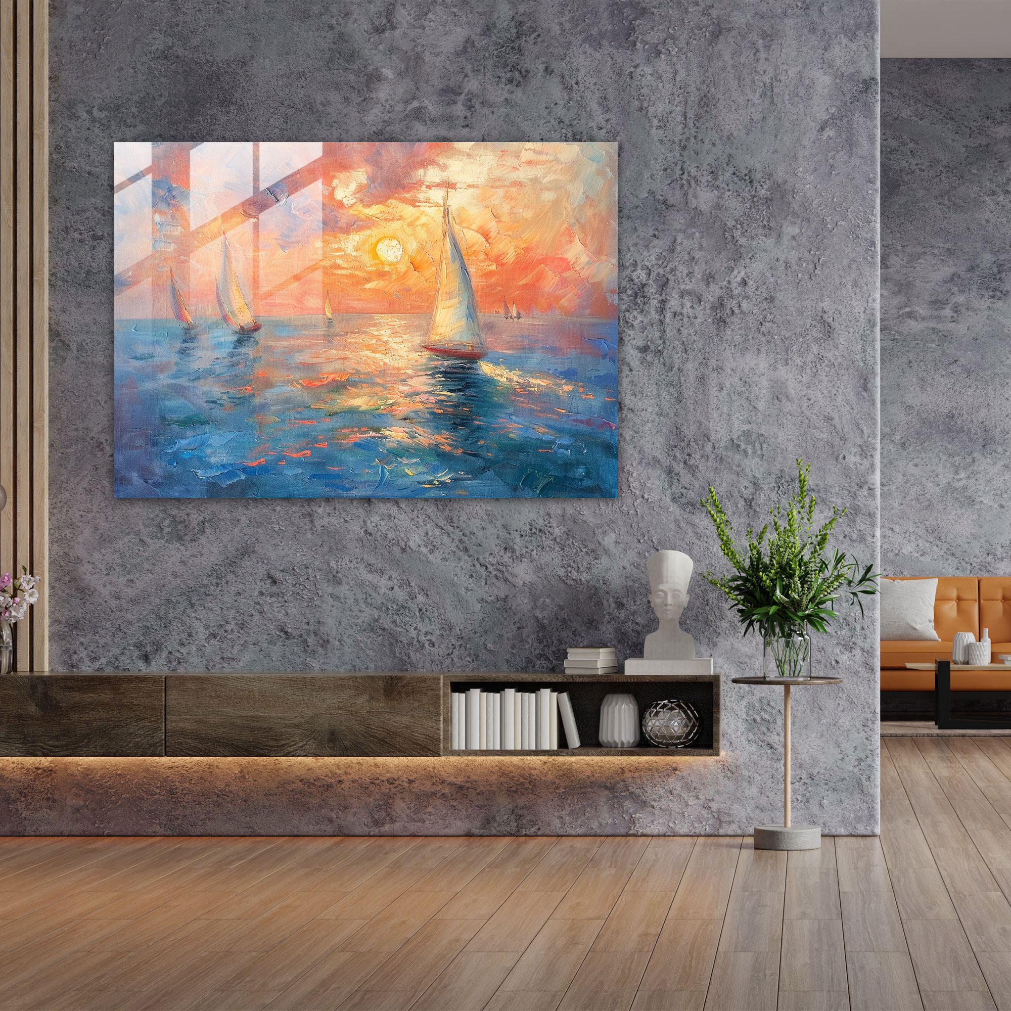 Impressionism Modern Art - Sunset Seascape Sailboats - Impressionism, Impressionism, Modern Art, Glass Print