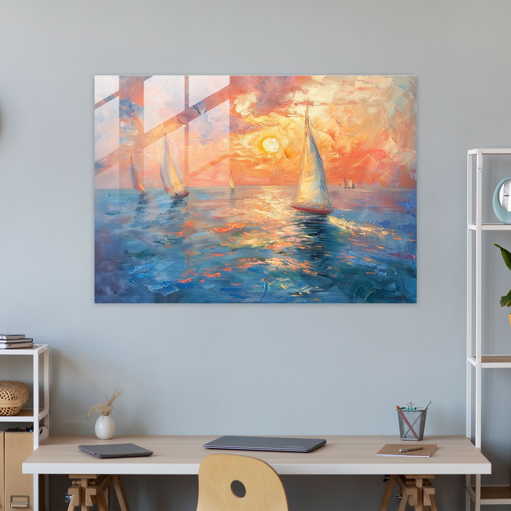 Impressionism Modern Art - Sunset Seascape Sailboats - Impressionism, Impressionism, Modern Art, Glass Print