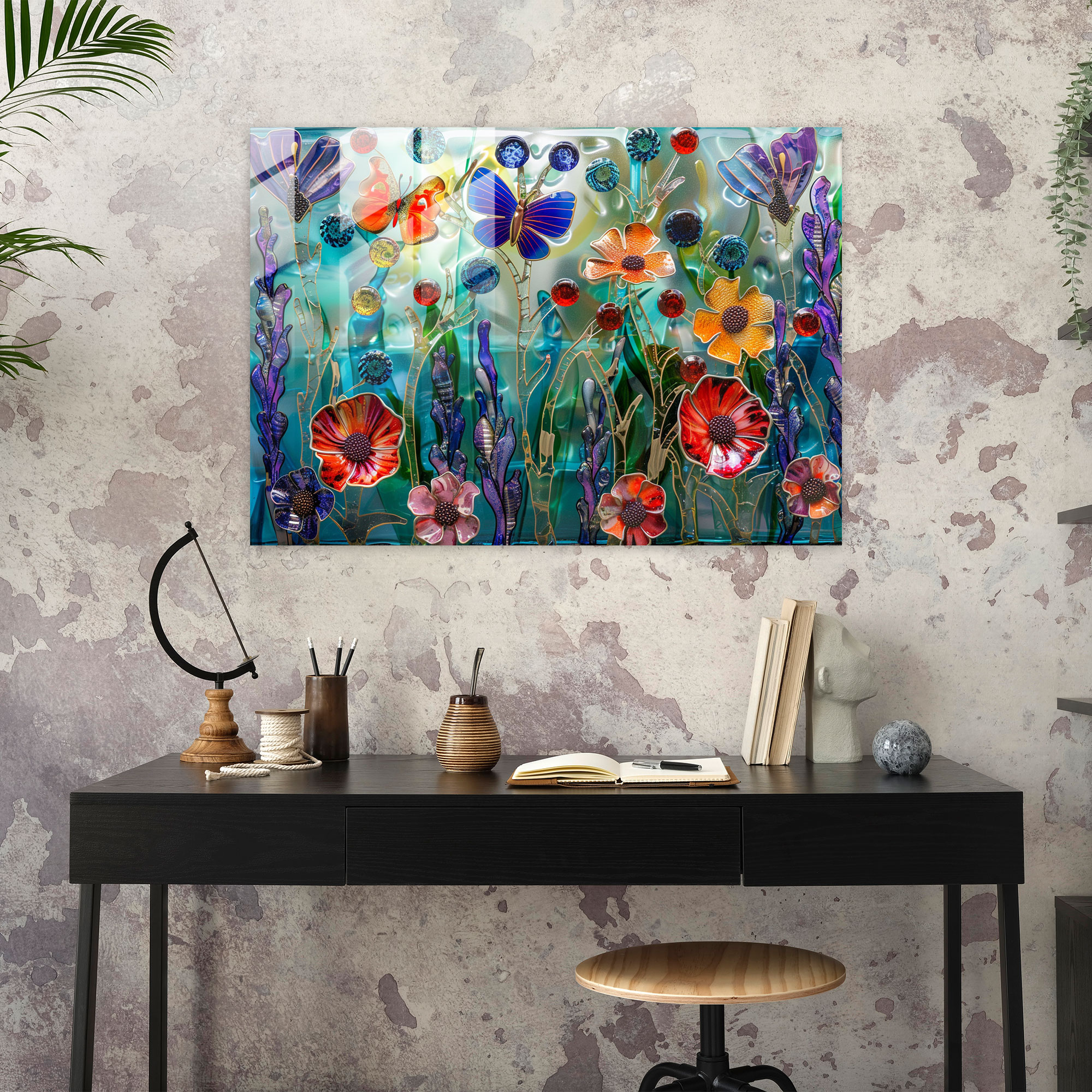 Impressionism Glass Art - Whimsical Garden Flowers Butterflies - Impressionism, Impressionism, Nature Art, Home Decoration