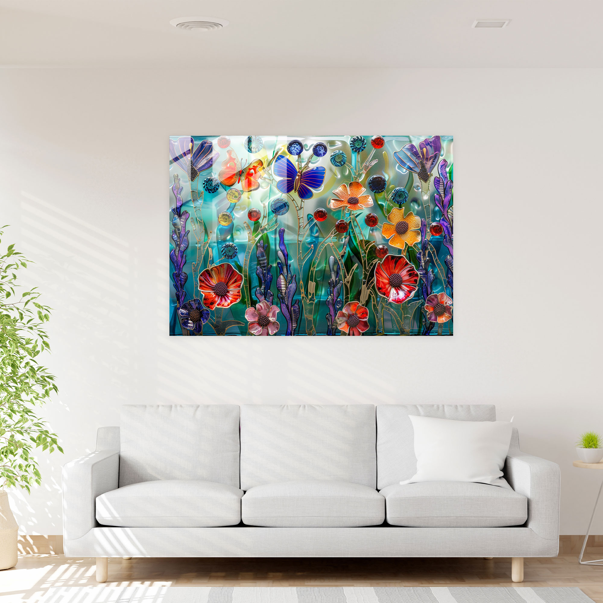 Impressionism Glass Art - Whimsical Garden Flowers Butterflies - Impressionism, Impressionism, Nature Art, Home Decoration