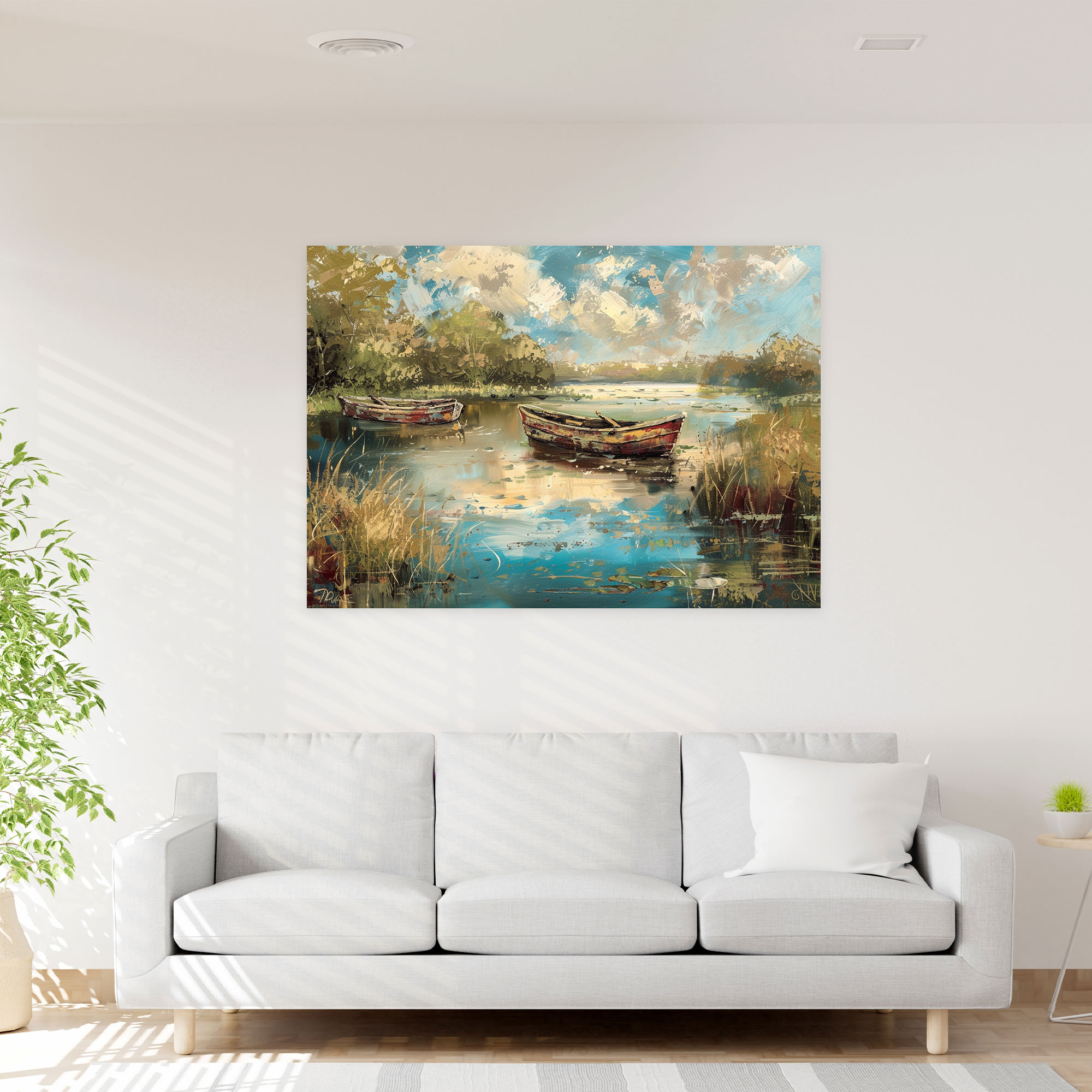 Impressionism Riverside Boats Canvas Print - Impressionism, Home Decoration, Wall Decoration, Wall Art