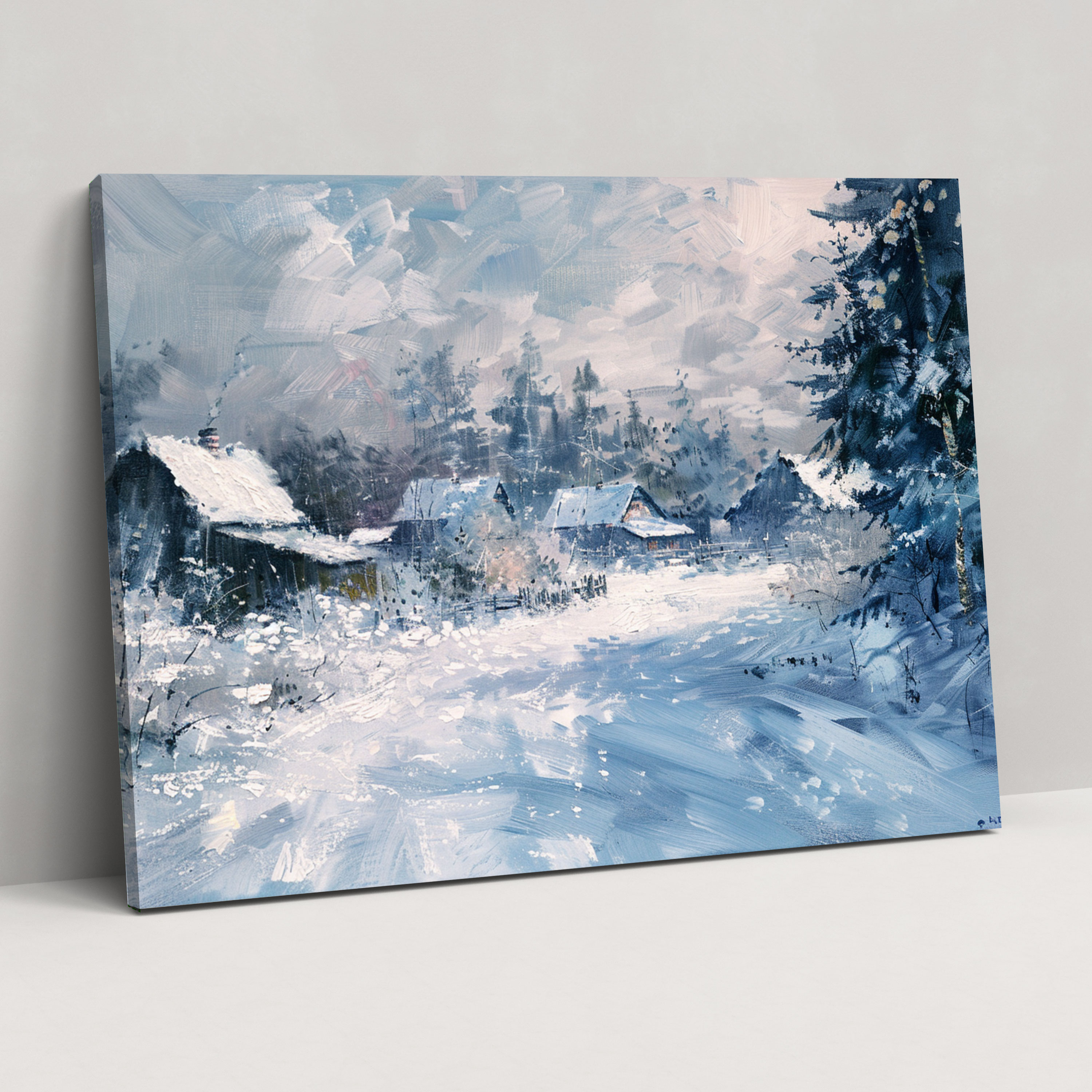 Impressionism Snowy Village Winter Day Wall Art - Impressionism, Wall Art, Canvas Wall Art, Wall Decoration