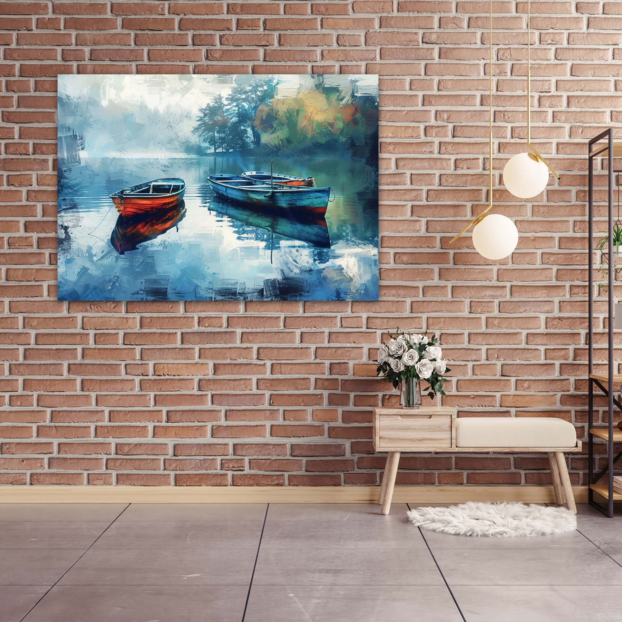 Impressionism Tranquil Lake Boats Canvas Print - Impressionism, Canvas, Wall Art, Home Decoration