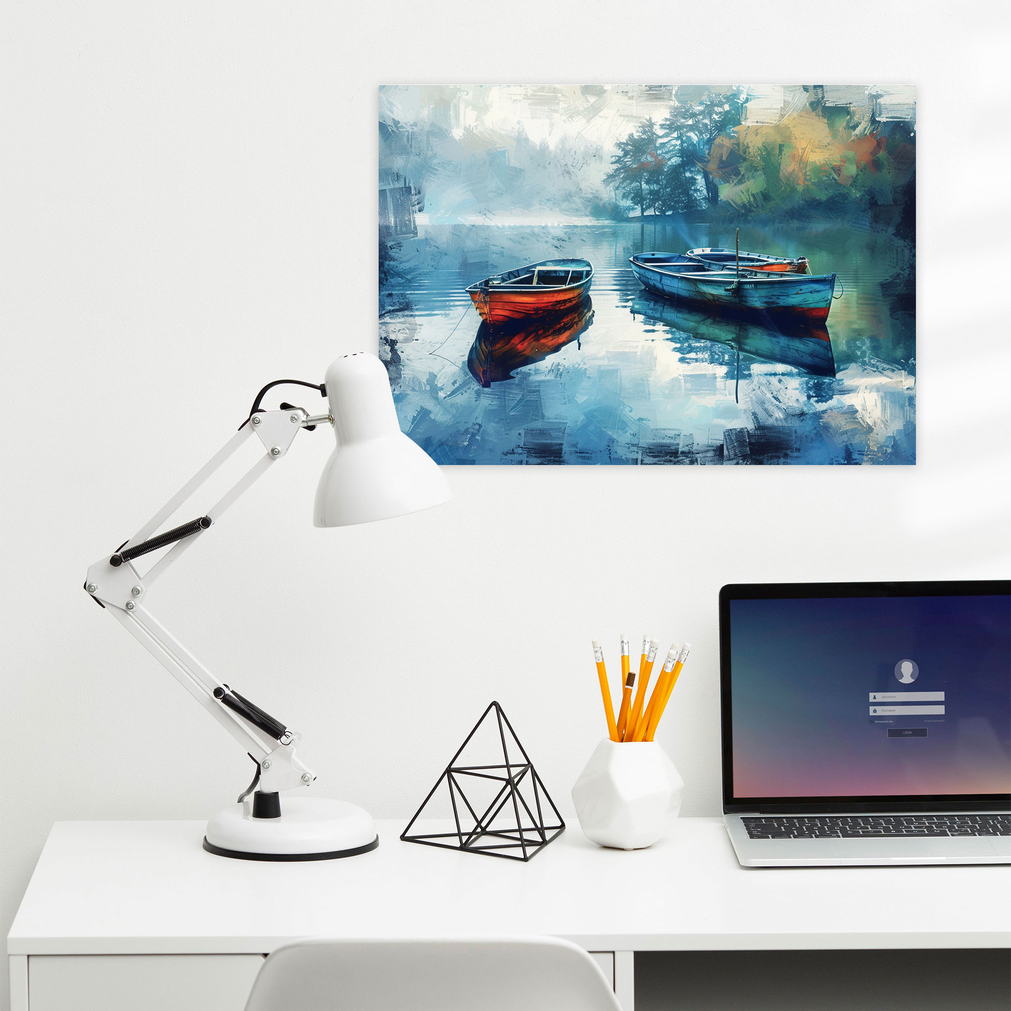 Impressionism Tranquil Lake Boats Canvas Print - Impressionism, Canvas, Wall Art, Home Decoration