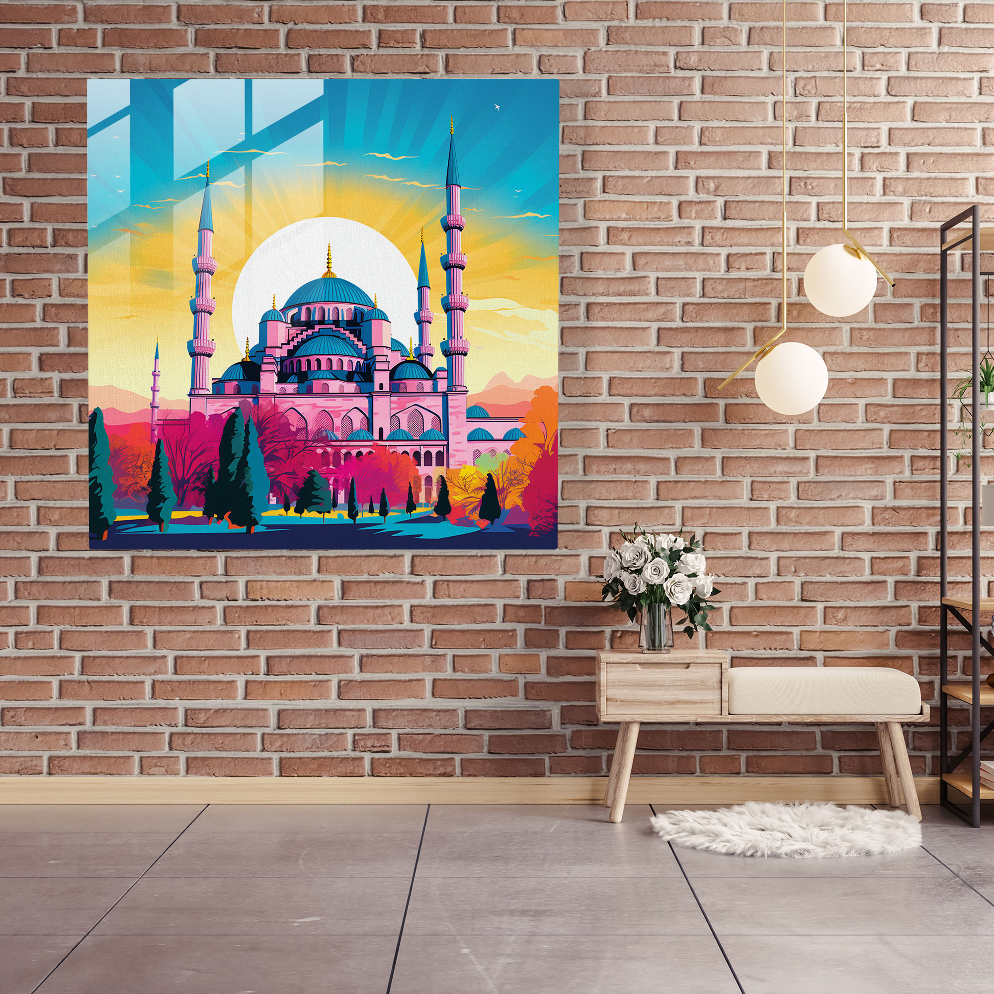 Renkli Mavi Cam Tablo - Ev Dekorasyonu için Pop Sanat Basılı Cam Duvar Sanatı