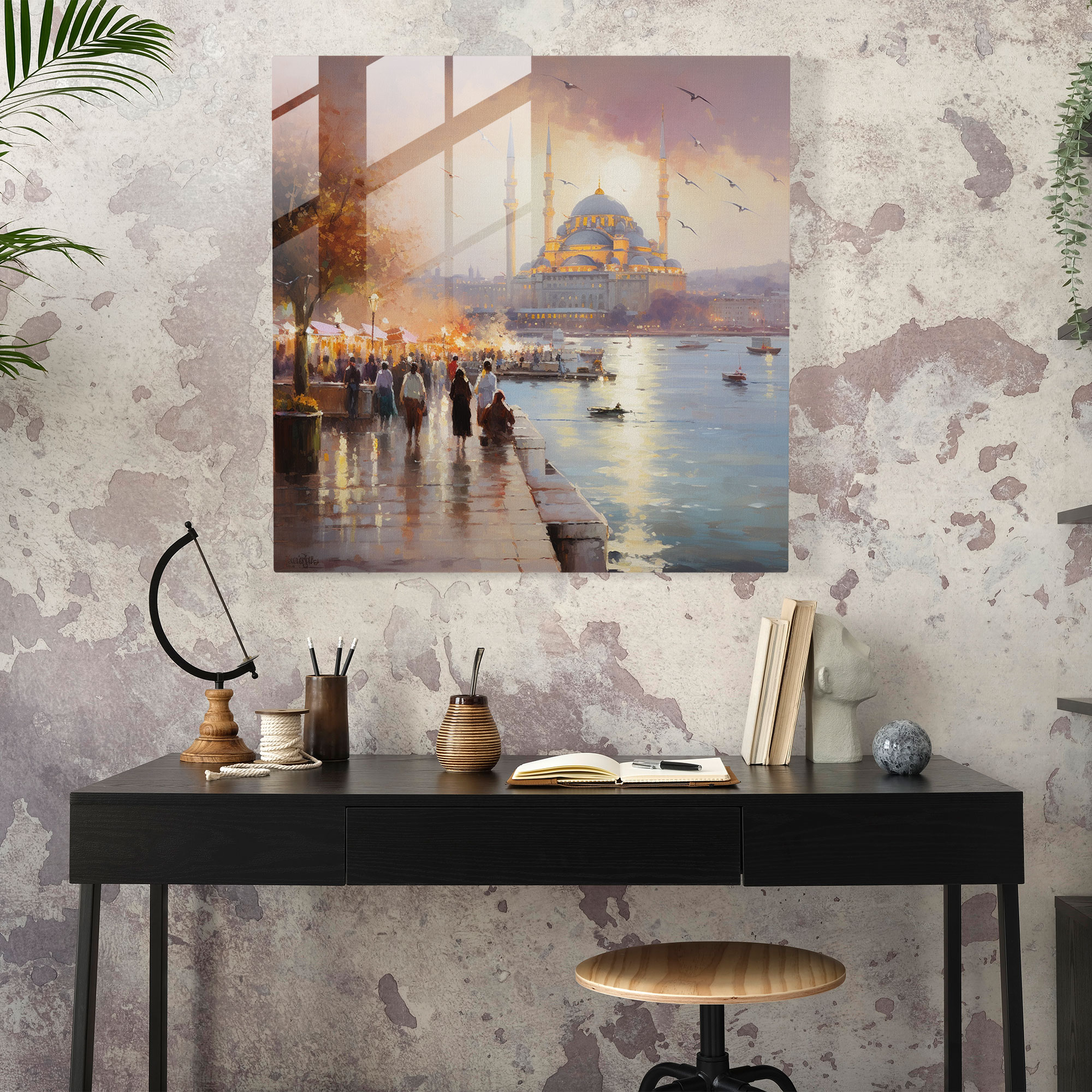 İstanbul'un Deniz Kenarının İzlenimci Sanat Eseri Cam Tablosu - Pastel Yansımalar