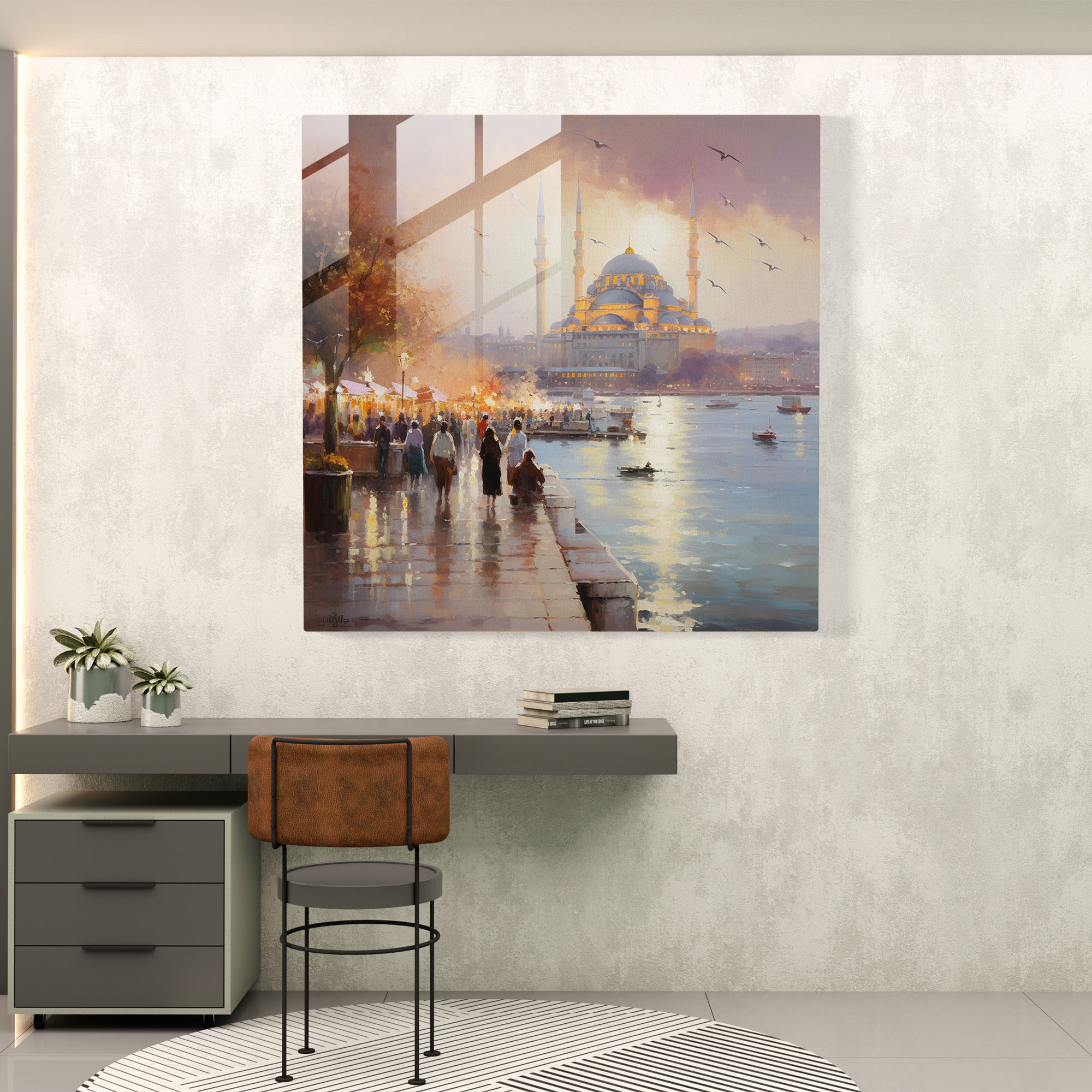 İstanbul'un Deniz Kenarının İzlenimci Sanat Eseri Cam Tablosu - Pastel Yansımalar