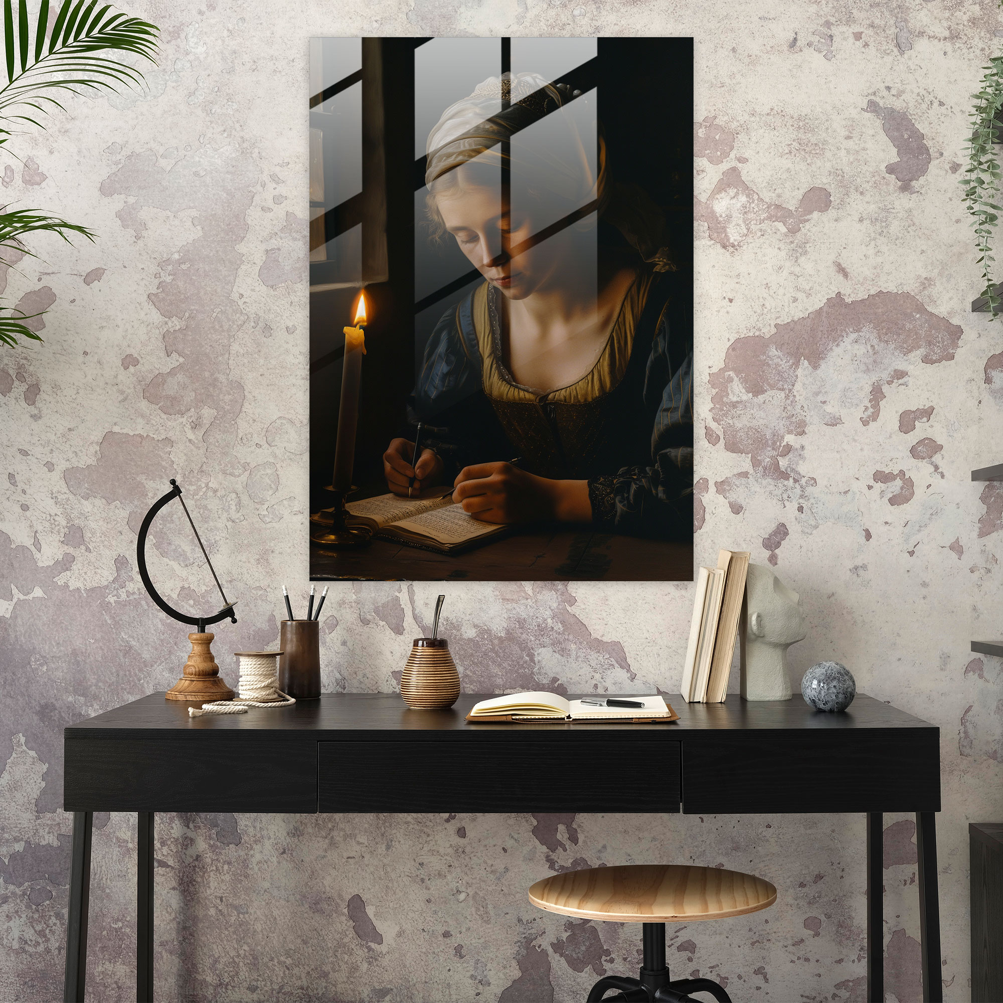 Johannes Vermeer Glass Print - Young Woman Writing A Letter - Johannes Vermeer, Glass Print, Modern Art, Wall Decoration