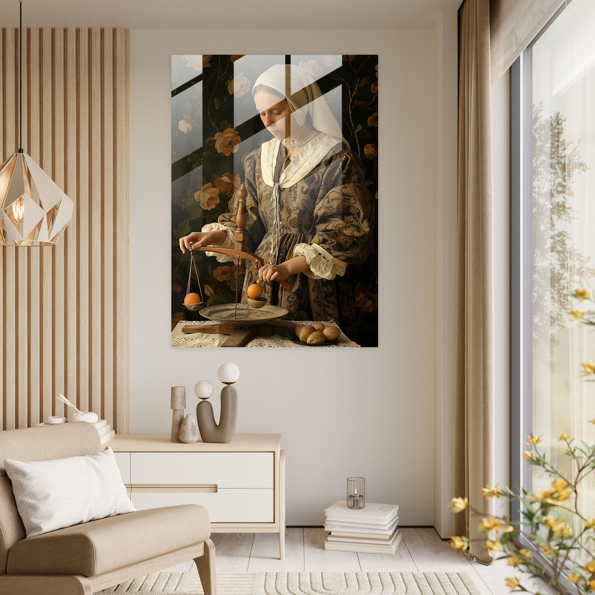 Johannes Vermeer Cam Tablo Sanatı - Terazi Tutankadın - Johannes Vermeer Cam Tablo Duvar Dekorasyonu Cam Tablo Baskı