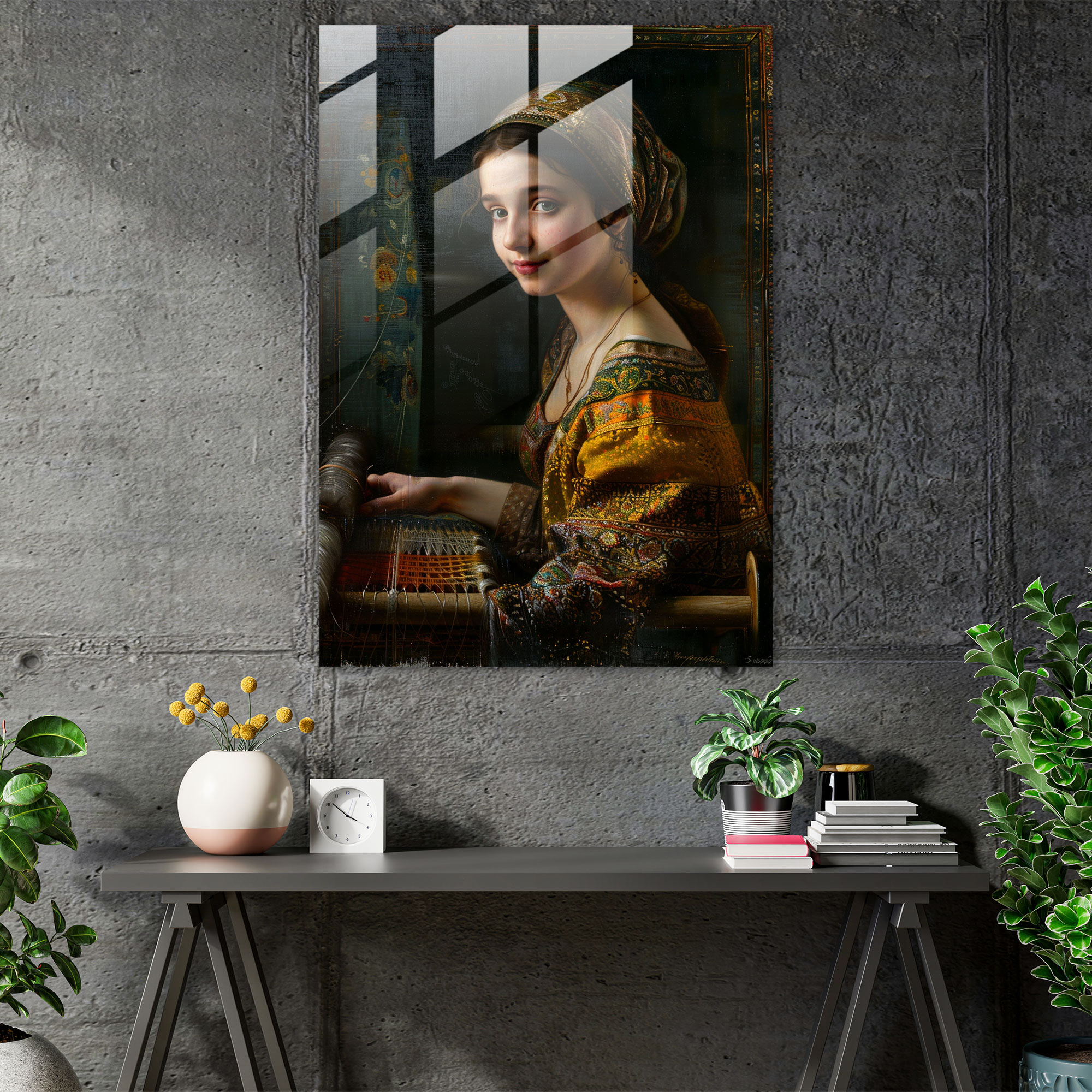 Johannes Vermeer Ev Dekorasyonu - Dokuma Tezgahında Genç Kadın - Modern Sanat Cam Tablo Duvar Dekorasyonu