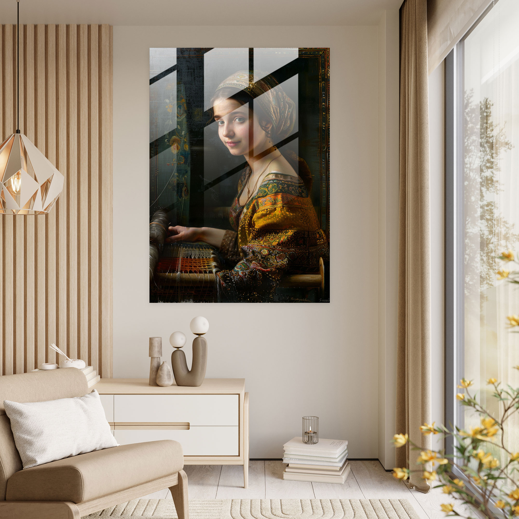 Johannes Vermeer Ev Dekorasyonu - Dokuma Tezgahında Genç Kadın - Modern Sanat Cam Tablo Duvar Dekorasyonu
