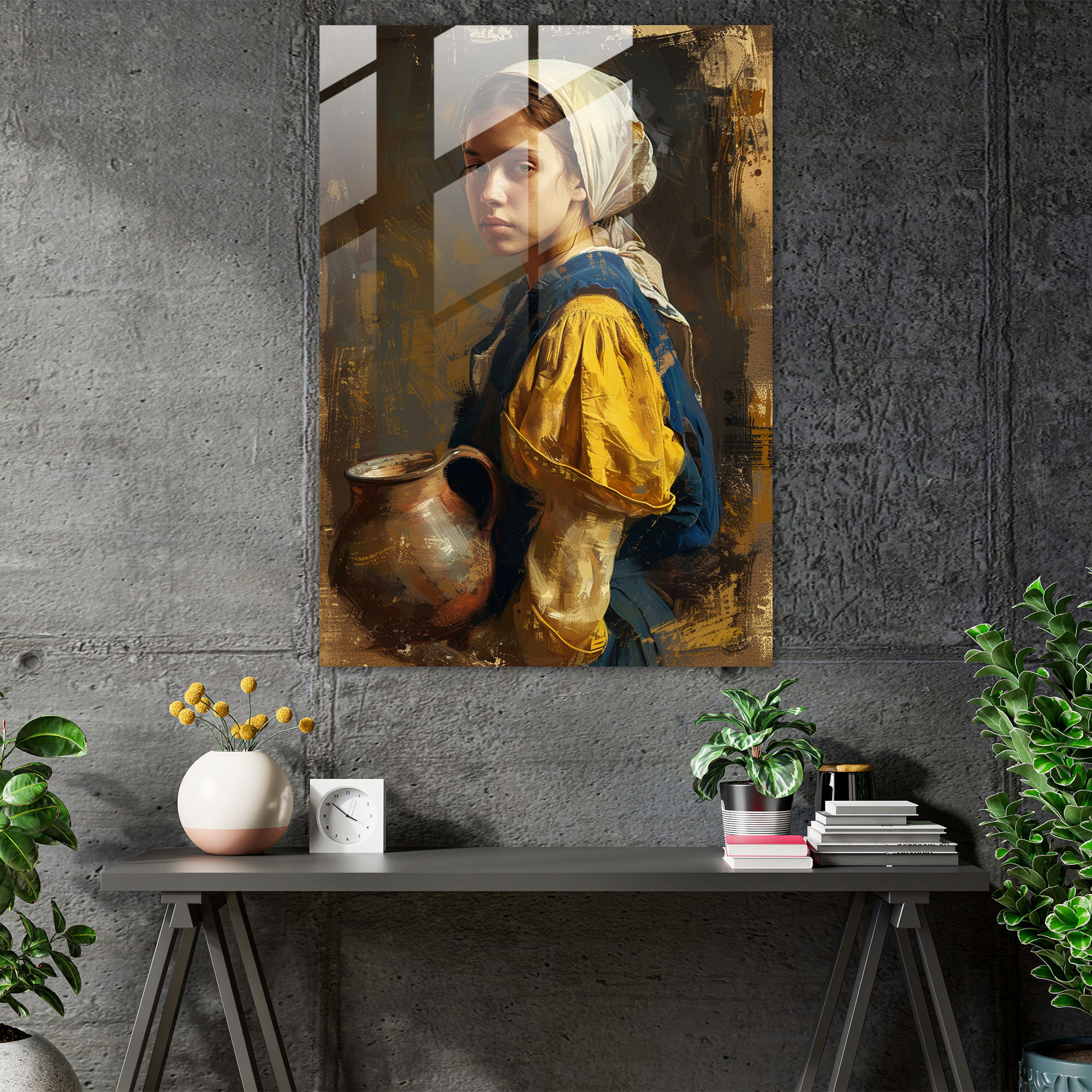 Su sürahisi kadın cam tablo - Johannes Vermeer Cam Tablo Duvar Dekorasyonu