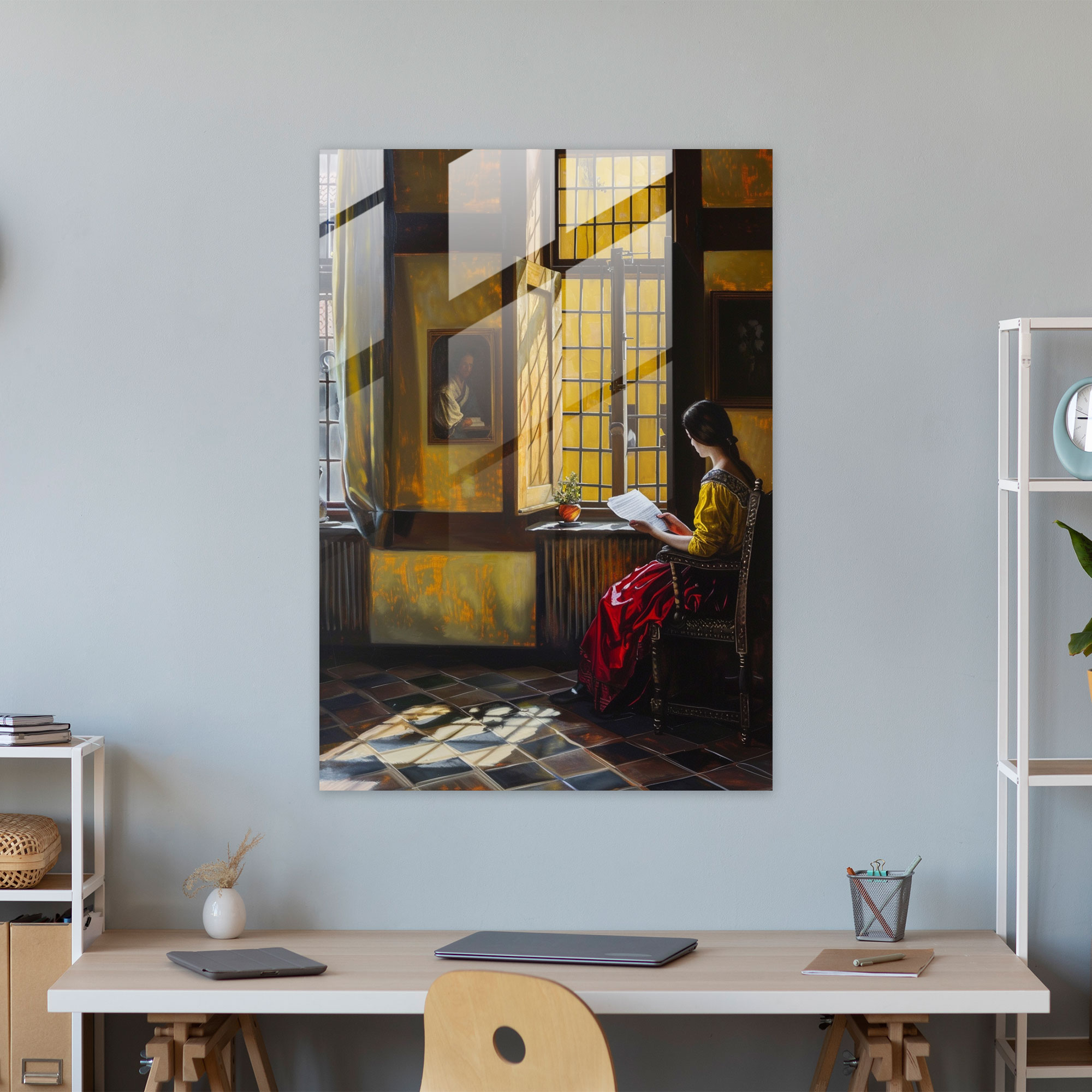 Johannes Vermeer Cam Tablo - Zarif İç Mekan Manzarası Cam Duvar Sanatı - Johannes Vermeer Ev Dekorasyonu Modern Sanat