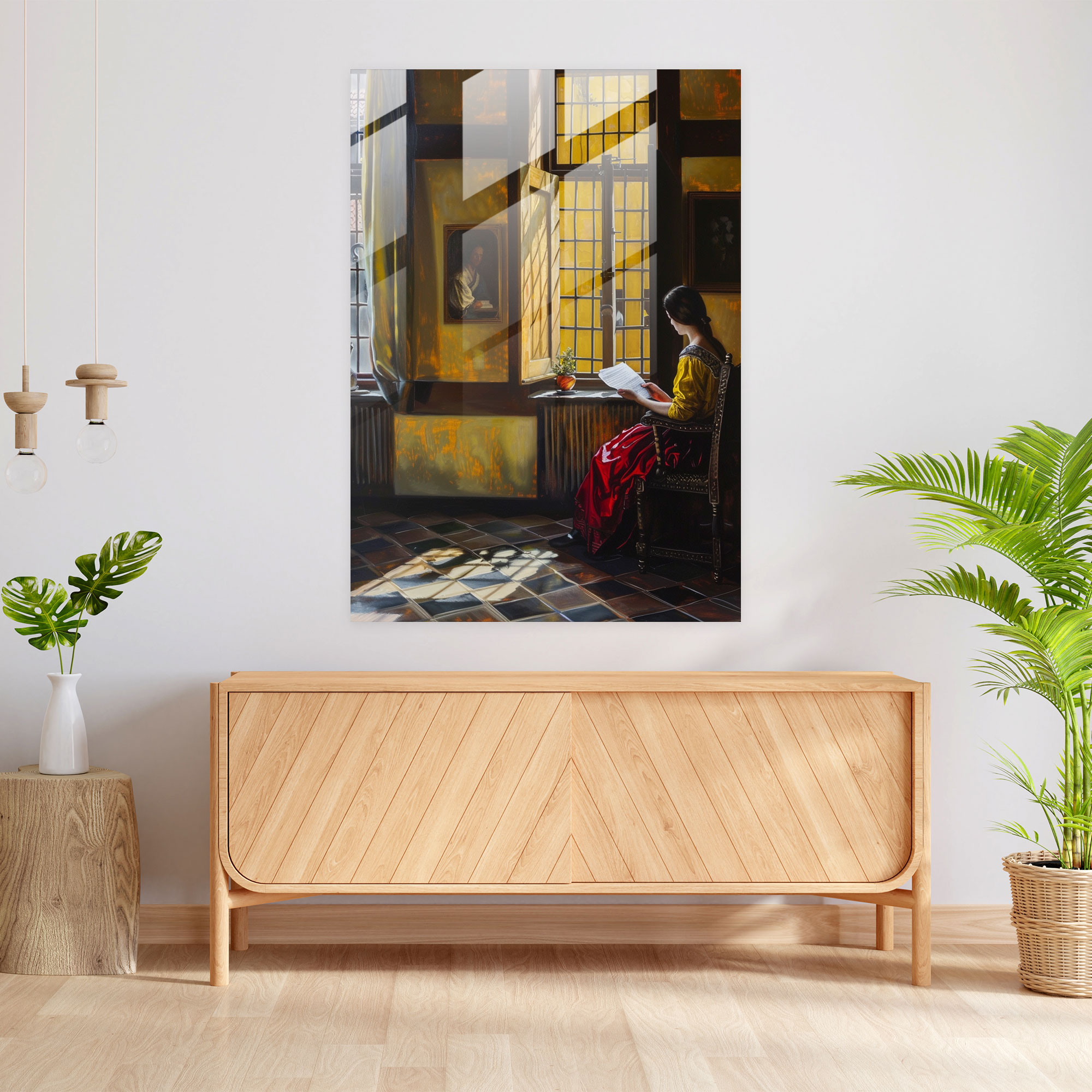 Johannes Vermeer Cam Tablo - Zarif İç Mekan Manzarası Cam Duvar Sanatı - Johannes Vermeer Ev Dekorasyonu Modern Sanat