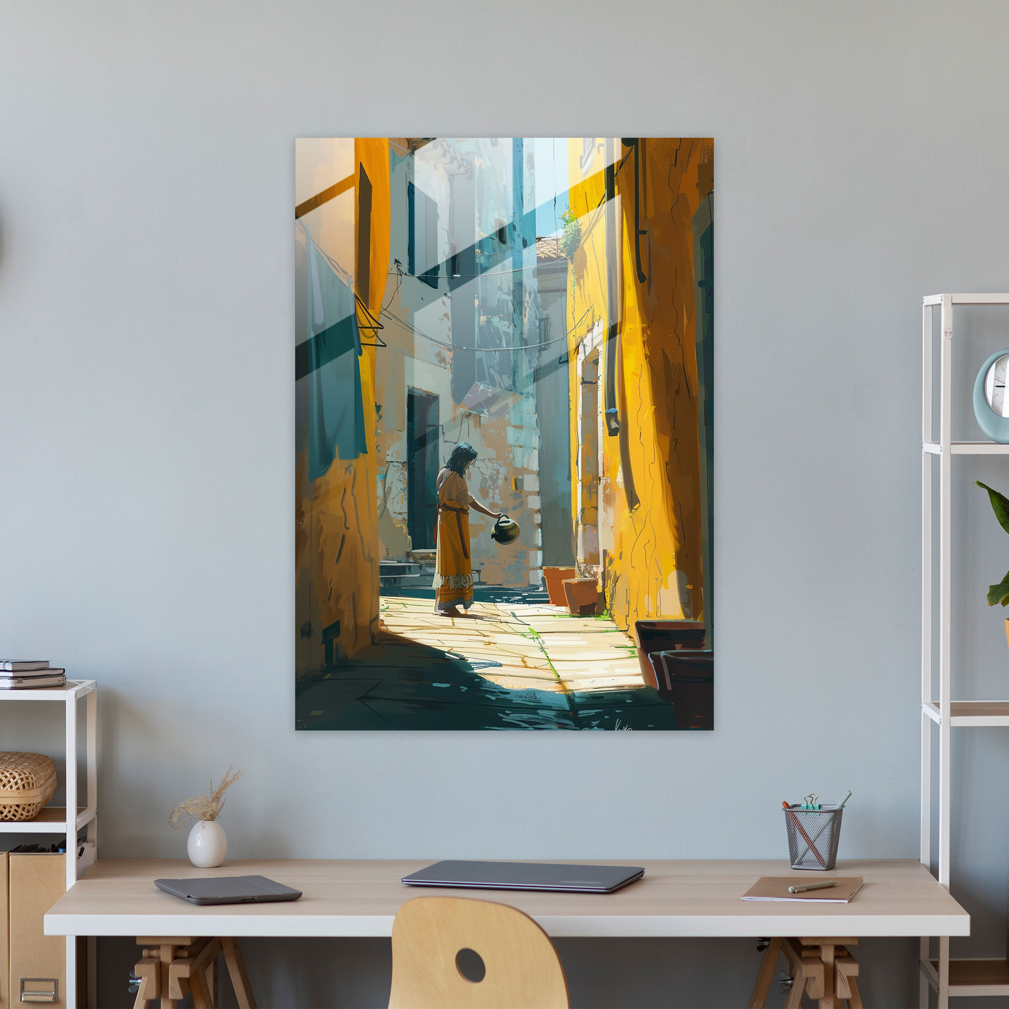Johannes Vermeer Cam Tablo - Sessiz Sokak Cam Duvar Sanatı