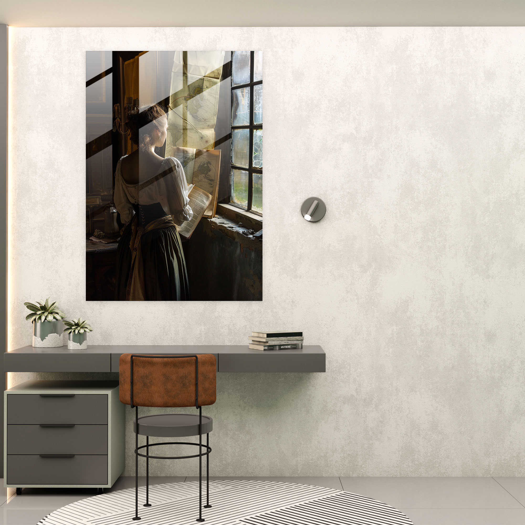 Johannes Vermeer Cam Sanatı - Harita Tutuyor Kadın - Johannes Vermeer Cam Tablo Kadın Portresi