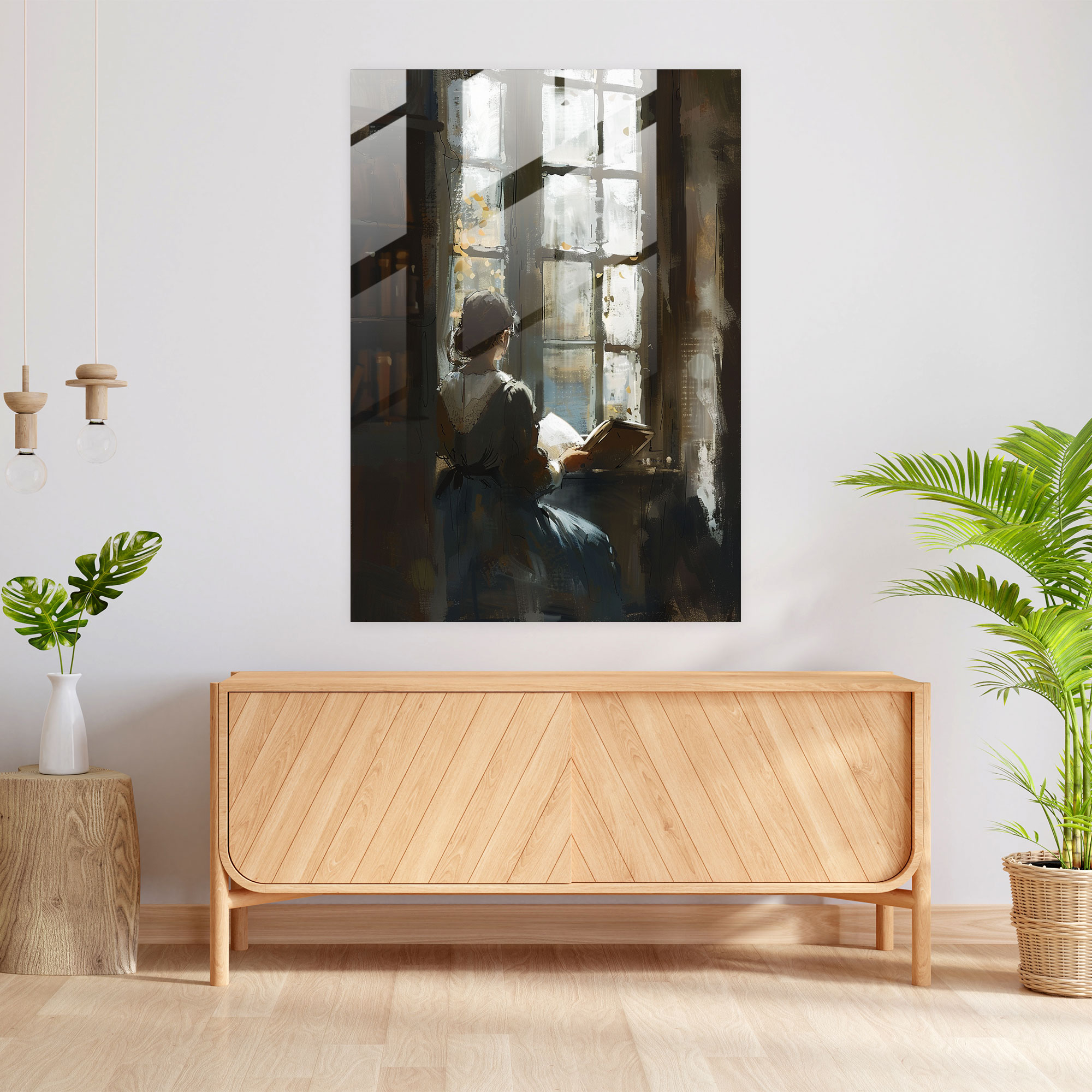 Johannes Vermeer Cam Tablosu - Pencere Kenarında Kitap Okuyan Kadın - Ev Dekorasyonu Cam Tablo Duvar Dekorasyonu