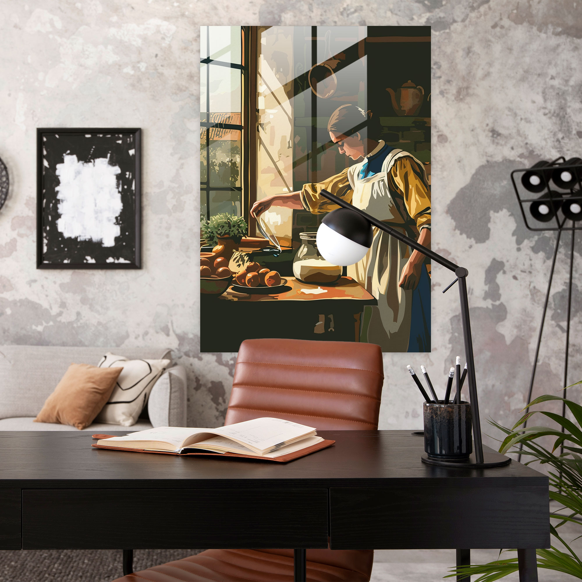 Johannes Vermeer Cam Tablo Sanatı - Süt Döken Sütçü Kız - Ev Dekorasyonu Duvar Süsleme