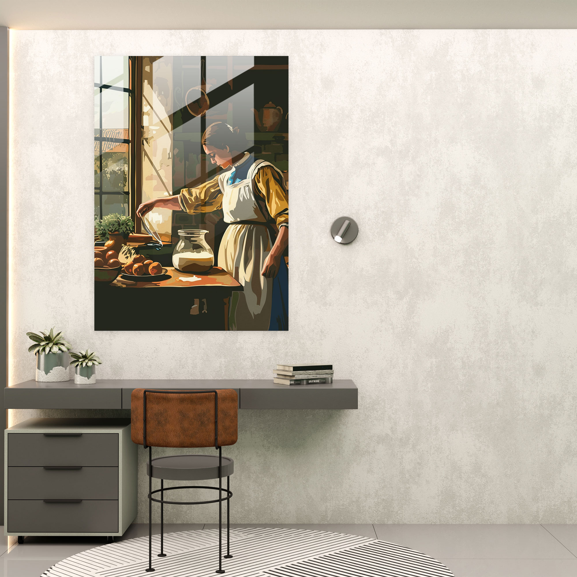 Johannes Vermeer Cam Tablo Sanatı - Süt Döken Sütçü Kız - Ev Dekorasyonu Duvar Süsleme