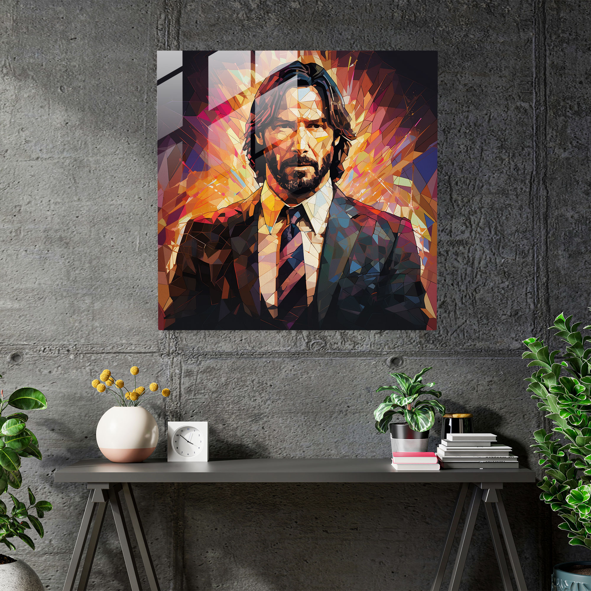 Geometrische digitale Illustration von John Wick als Glasbild - John Wick Dekoration für Zuhause Wanddekoration Glaskunst