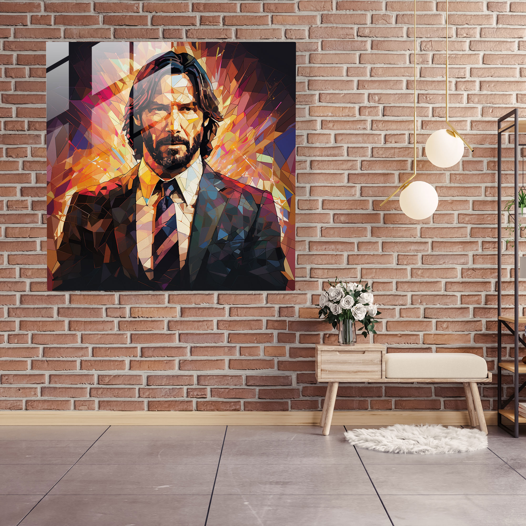 Geometrische digitale Illustration von John Wick als Glasbild - John Wick Dekoration für Zuhause Wanddekoration Glaskunst