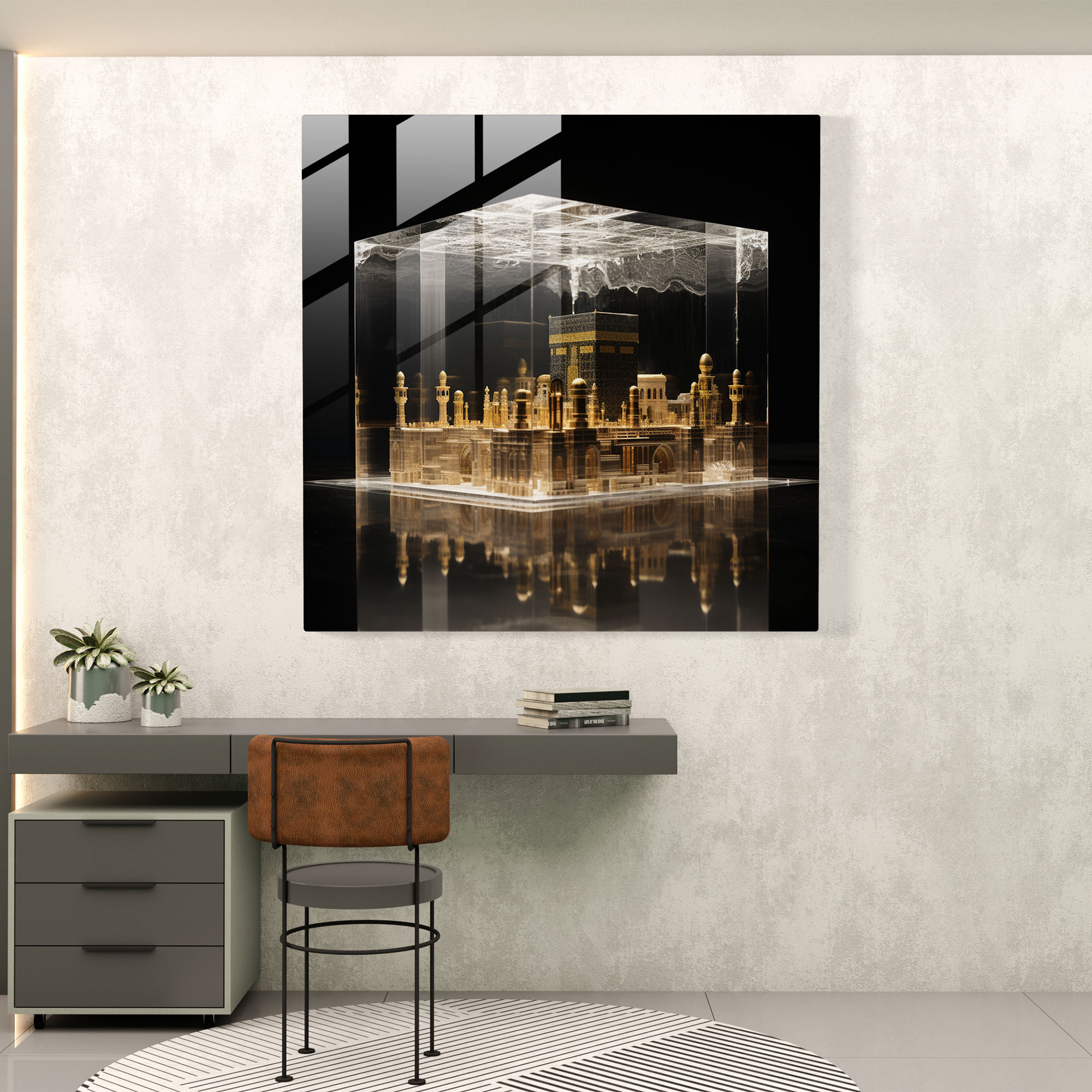 Kapsayıcı Kaaba 3D Cam Tablo - Kaaba Cam Tablo Görsel Dalış Cam Duvar Sanatı